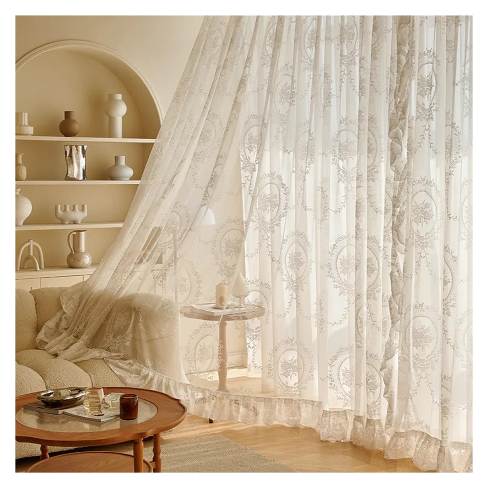 BGHYJKOL Ruffled Curtains Romantic White Floral Ruffled Lace Sheer Curtains For Bedroom Girls Room,Window Tulle Drapes Kitchen Wedding Decoration(1pc W200CM X H260CM)