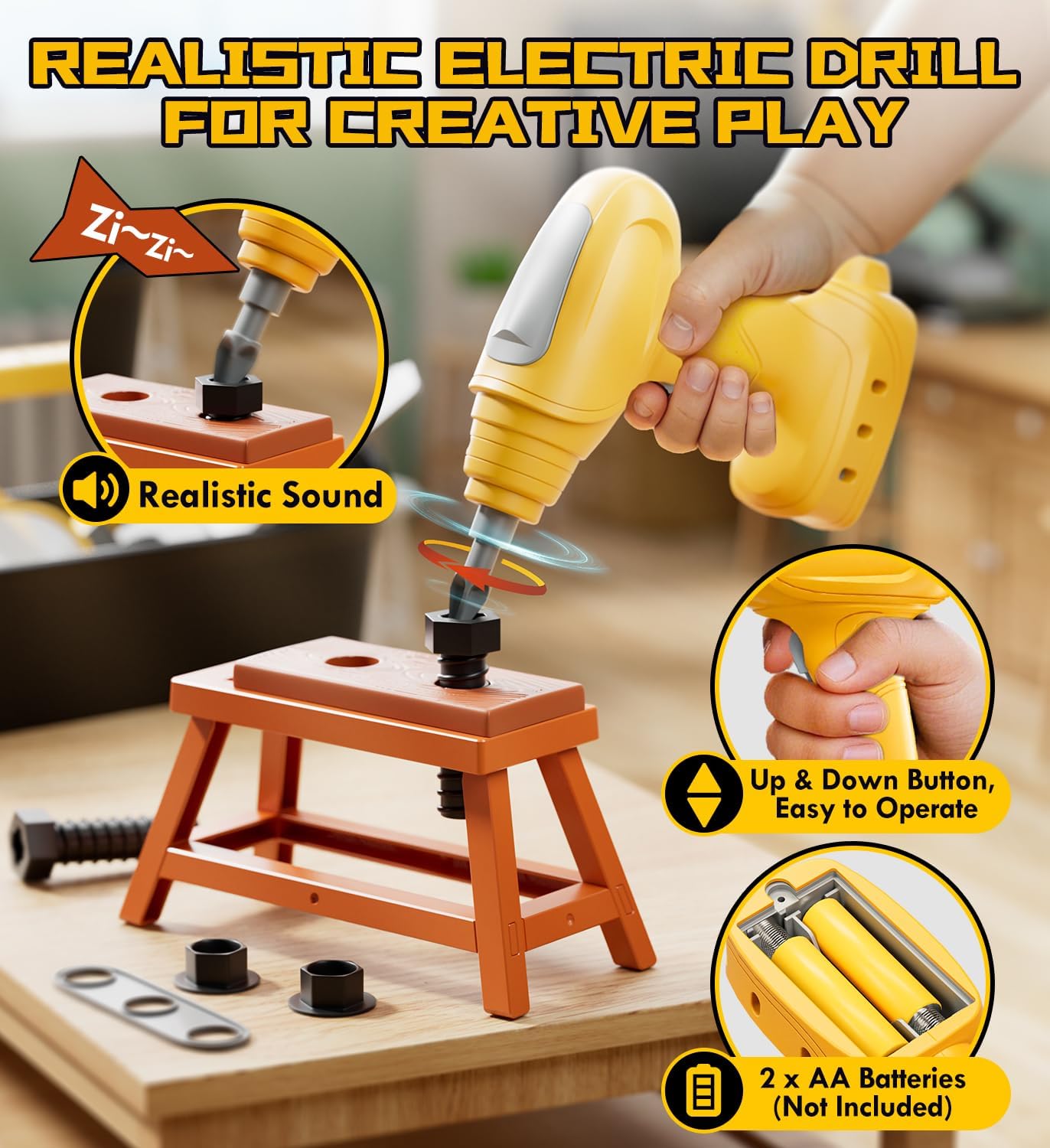 Lehoo Castle Kids Tool Set with Electric Toy Drill and Tool Box, Construction Toys for 3 Year Old Boys Birthday Gift, Pretend Play Toddler Tools for 3-5 Years Old (Yellow)
