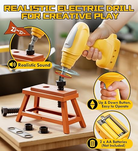 Miniatura 3 de Lehoo Castle Juego de herramientas para niños con taladro eléctrico de juguete y caja de herramientas, juguetes de construcción para niños de 3