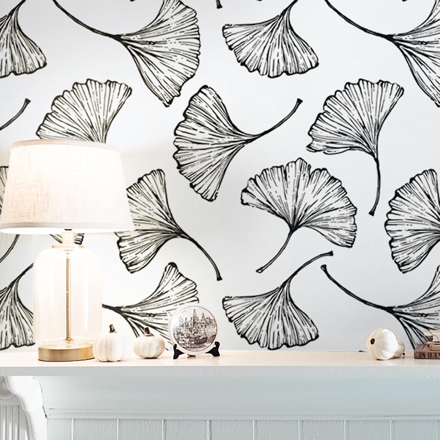 CiCiwind 17.3In×393.7In White and Black Peel and Stick Wallpaper Removable Self-Adhesive Vinyl Wall Paper for Bedroom Ginkgo Leaves Contact Paper for Bathroom Living Room 393.7" x 17.3" White and Black