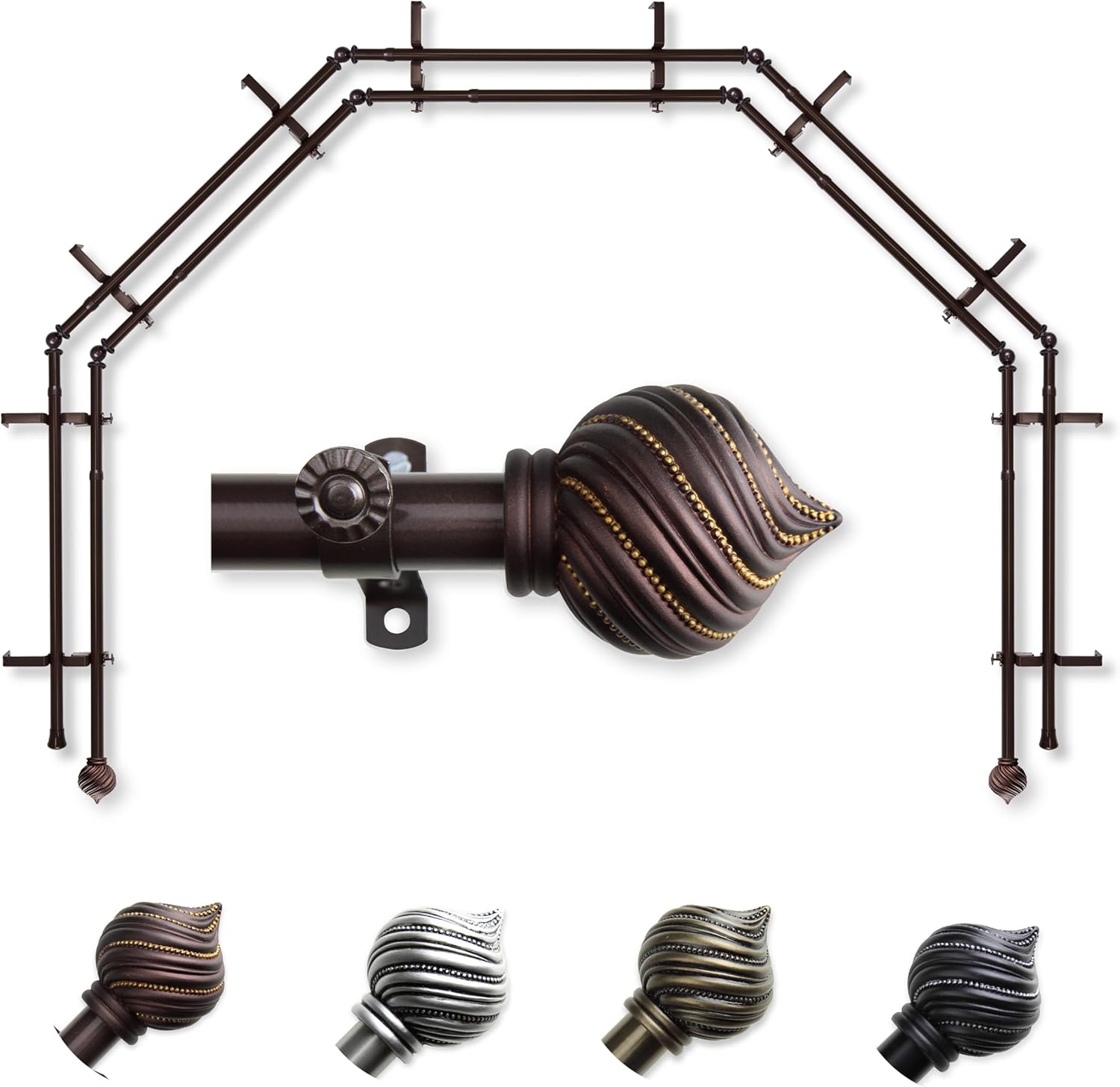 A&F Rod Décor - Posie 13/16" 5-Sided Double Bay Window Curtain Rod - Cocoa
