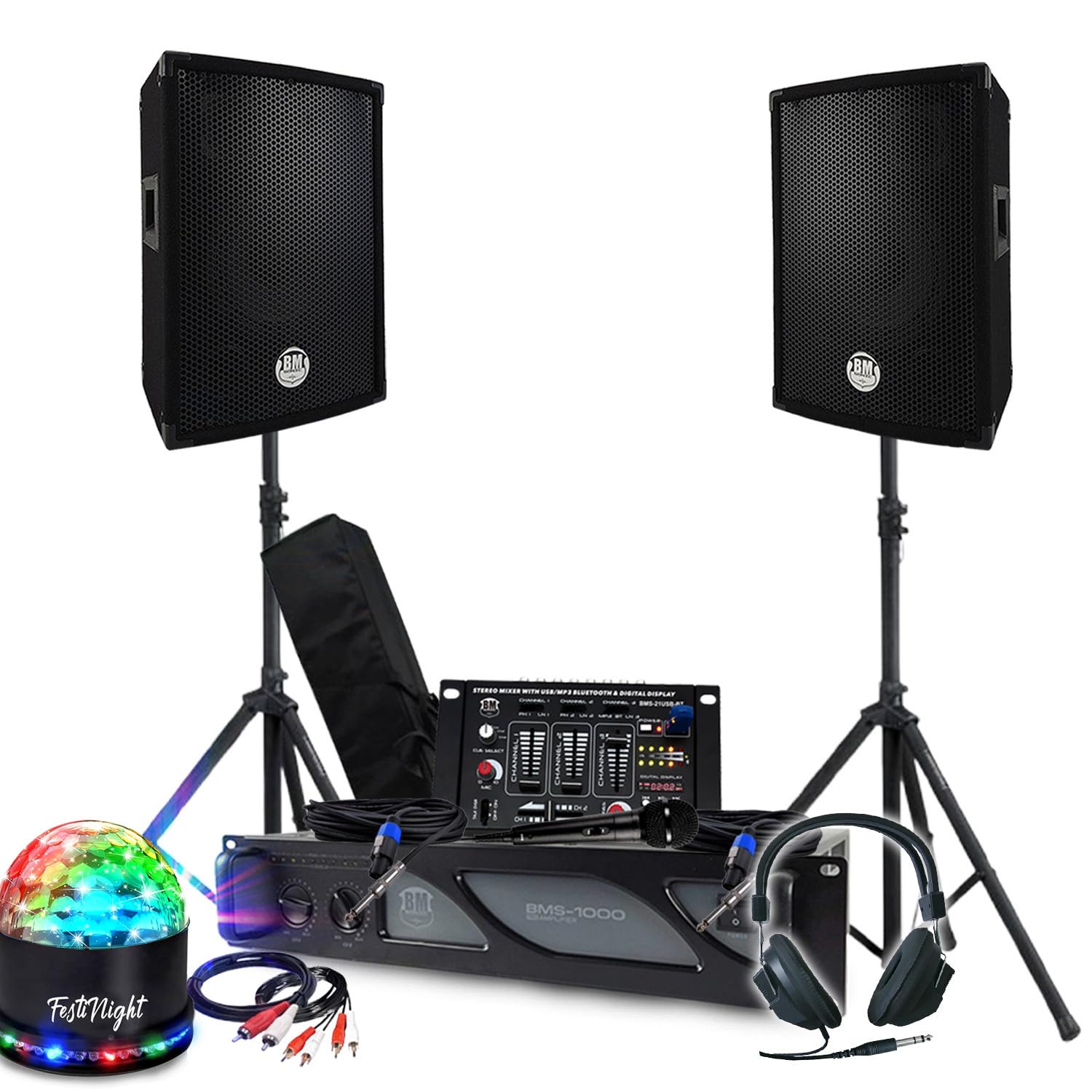 Kit Sono BM Bmsonic Amplificateur 1000W, Paire d'Enceintes Passives 2x300W, Table de Mixage, Pieds, Casque DJ, Câbles et Micro
