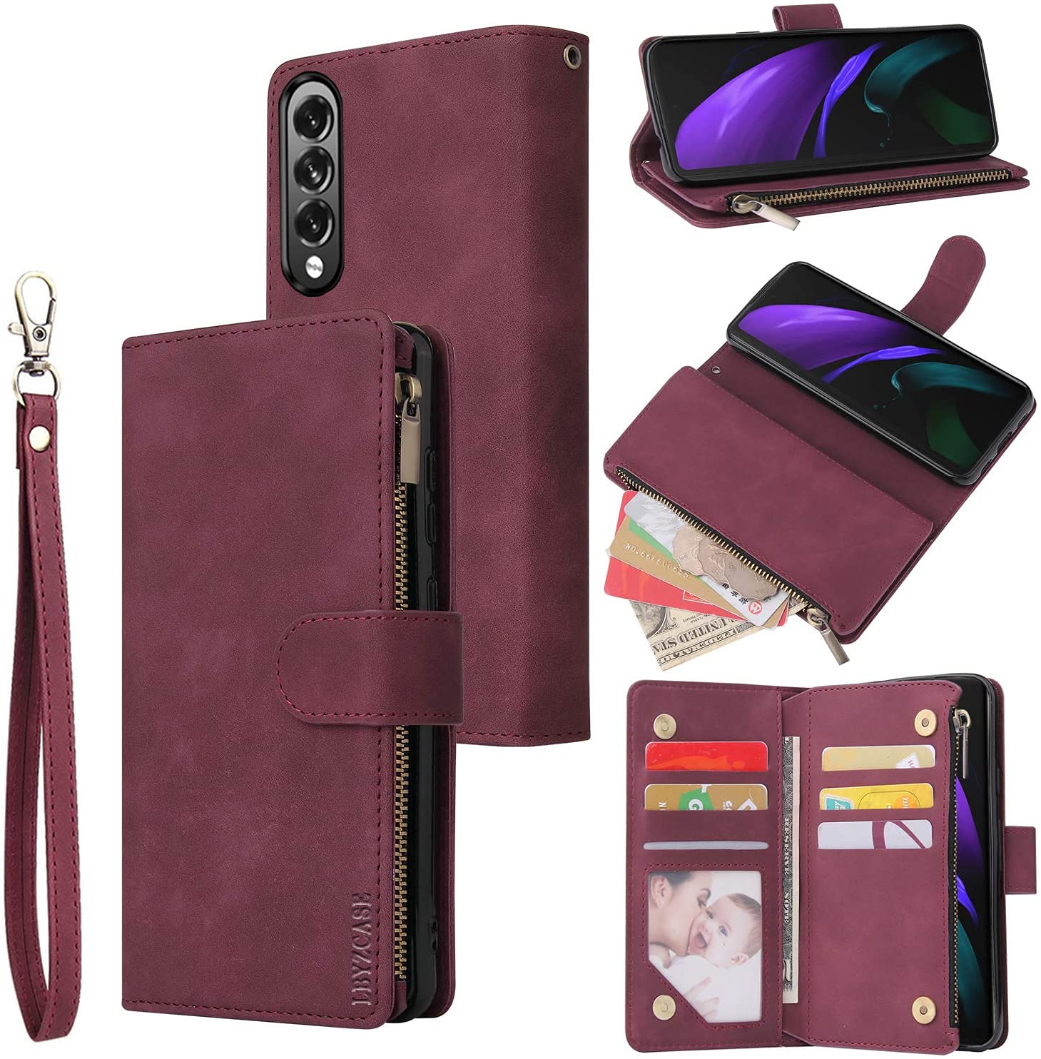 LBYZCASE Phone Case for Galaxy Z Fold 3 5G(2021),Galaxy Z Fold 3 Wallet Case,Luxury Folio Flip Leather Cover[Zipper Pocket][Wrist Strap][Kickstand] for Samsung Galaxy Z Fold 3 5G (Wine Red)