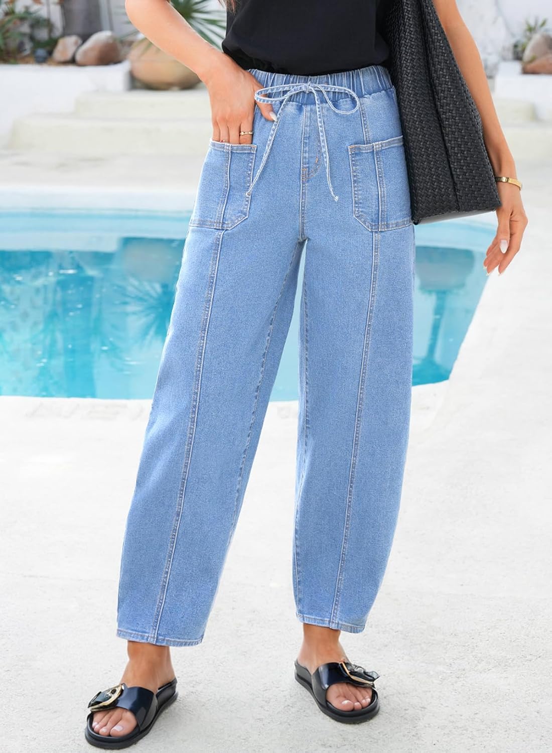 Sidefeel Womens Baggy Wide Leg Jeans Elastic Waist Drawstring Front Seam Ankle High Waisted Barrel Jeans