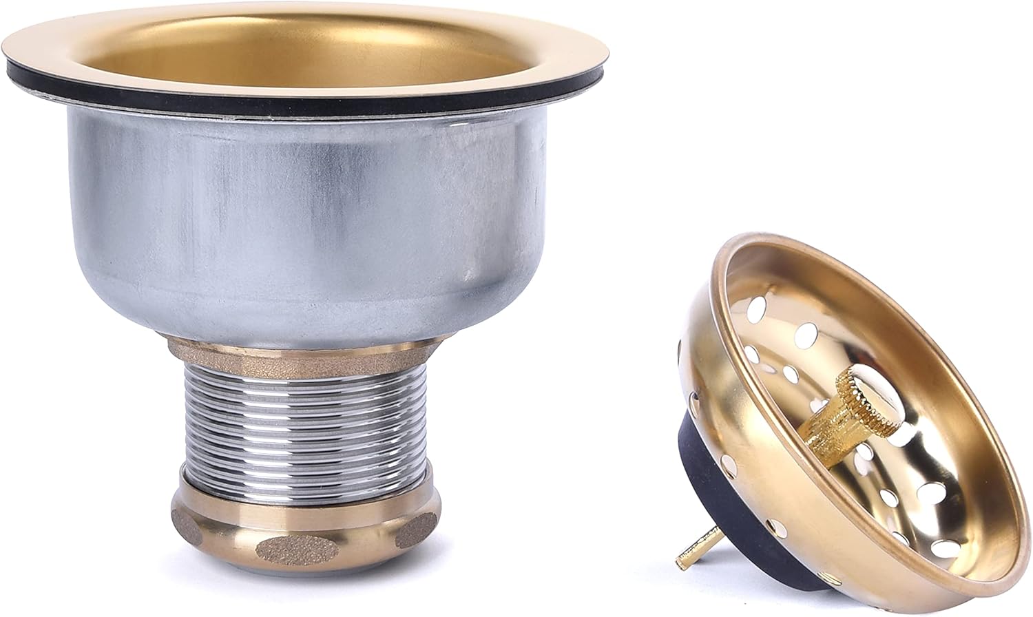 3-1/2 Deep Cup Kitchen Sink Drain Assembly, 304 Stainless Steel Construction with Fixed Post Basket and Long Extended Shank/CAS Approved and Venetian Gold Finish
