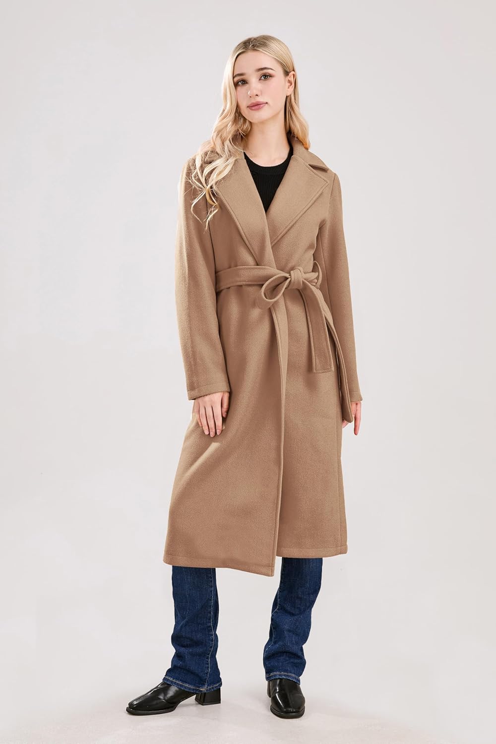 utcoco Womens Long Wool Pea Coats Notched Collar Open Front Woolen Blend Trench Coat with Belt - Image 2