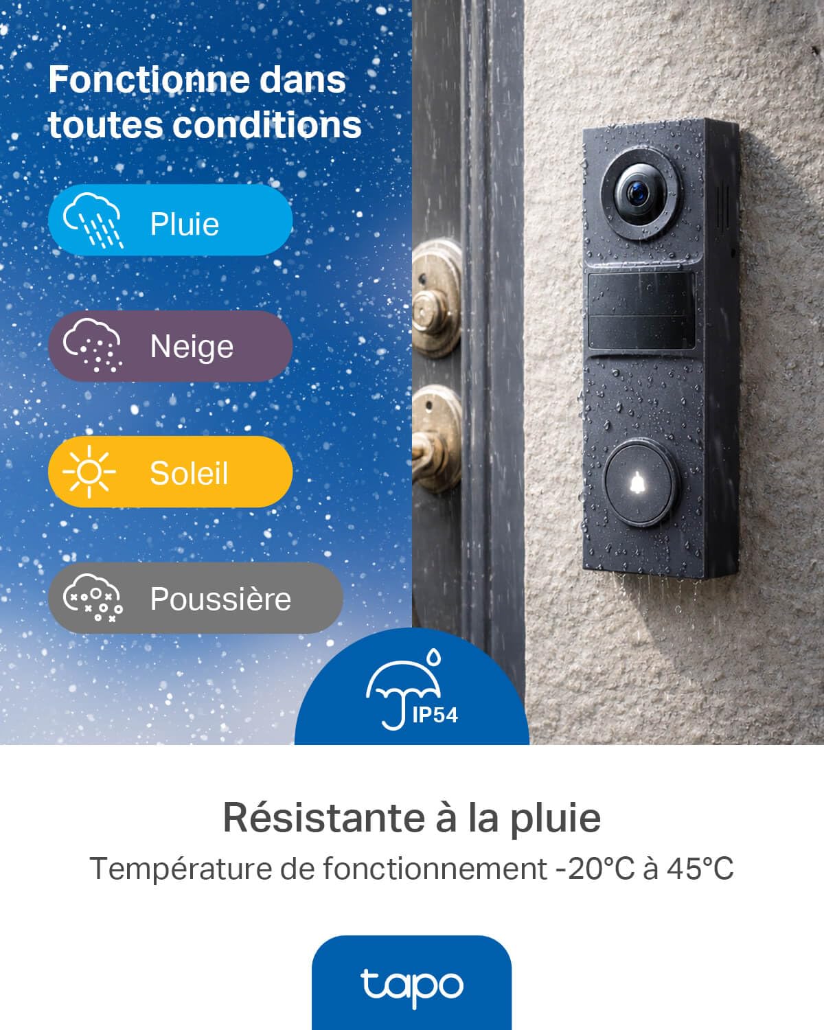 Tapo D205 Sonnette sans fil avec caméra exterieur 2K 3MP, IP54 étanche, Grand angle 160°, Vision Nocturne, Détection Humaine AI gratuite, Audio Bidirectionnel, autonomie 180j, Installation facile
