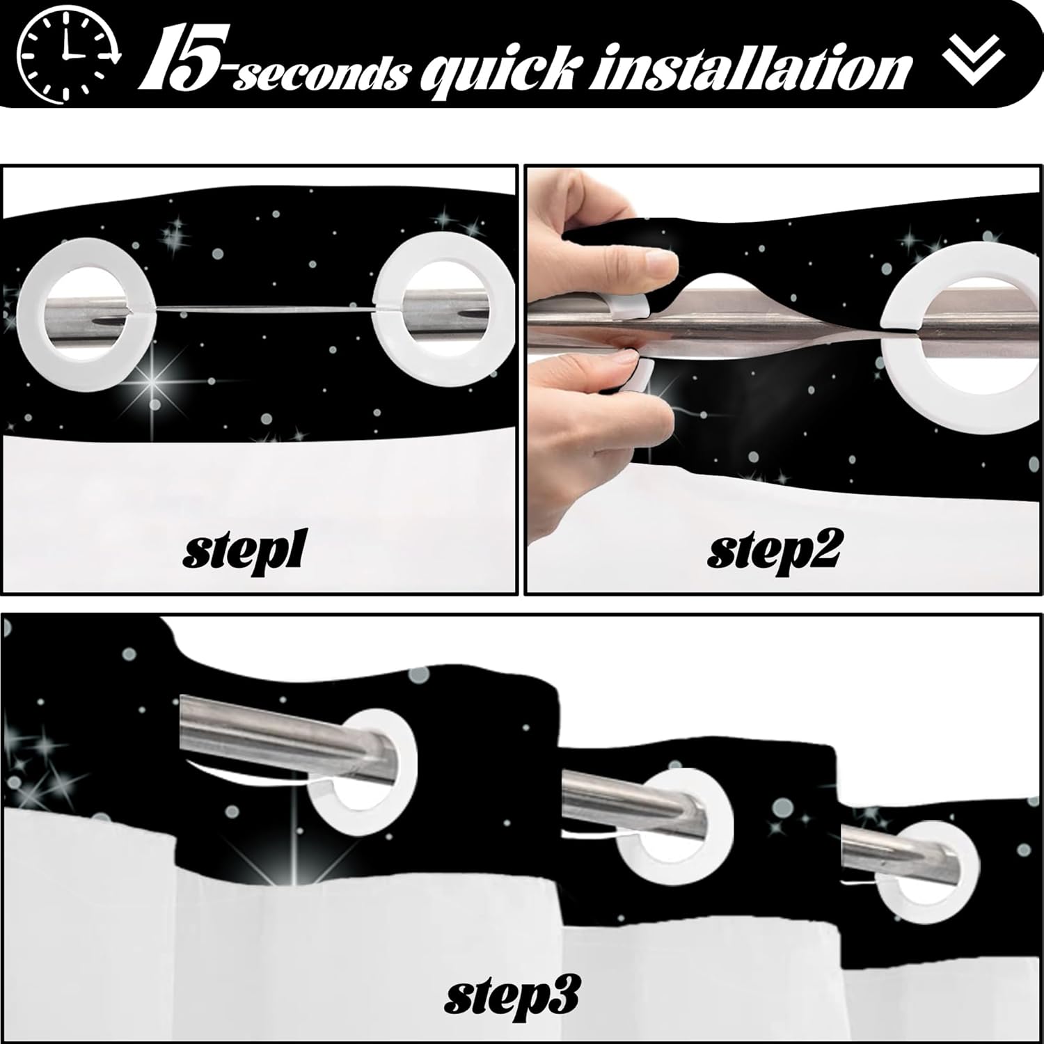 Star Moon Hookless Shower Curtain with Snap in Liner, Space Black and White Watercolor Night Sky Galaxy No Hook Double Layer Shower Curtains and Liner Set, Waterproof Cloth Fabric,71" W X 77" L