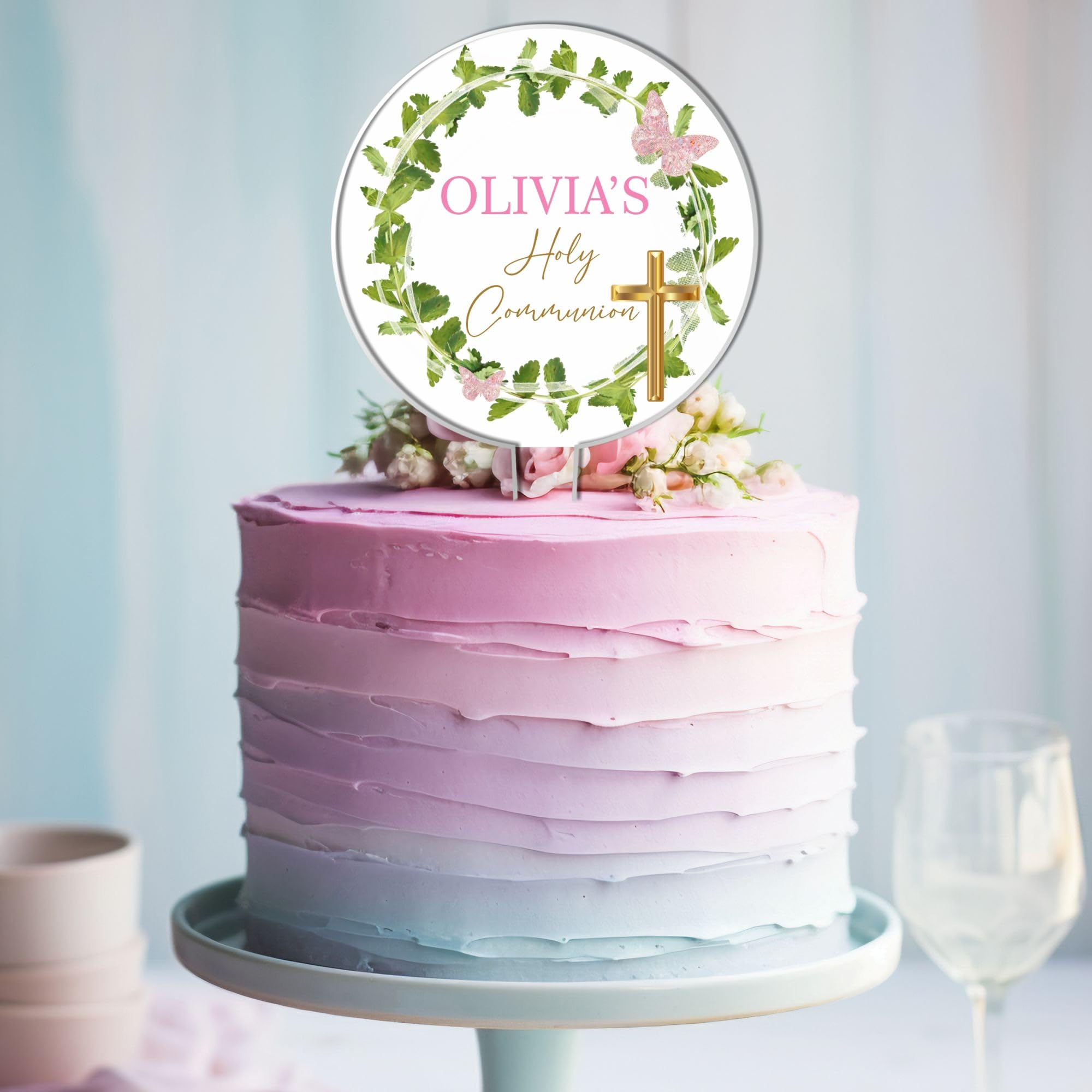Personalised Acrylic Cake Topper for Christenings Confirmations Holy Communions – Custom Child’s Name & Date with Floral Wreath in 6 Designs (Holy Communion, Green Wreath Pink Butterfly)