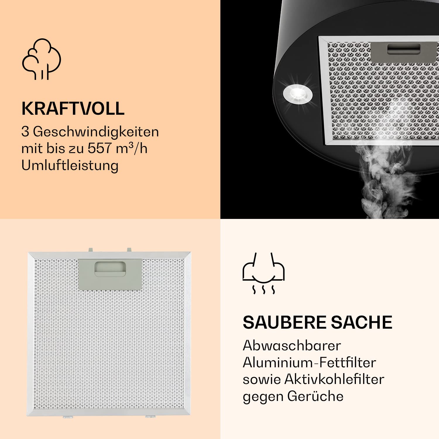Klarstein Barella Dunstabzugshaube Umluft 557 m³/h LED Aktivkohlefilter 35 x 93 x 43 cm schwarz