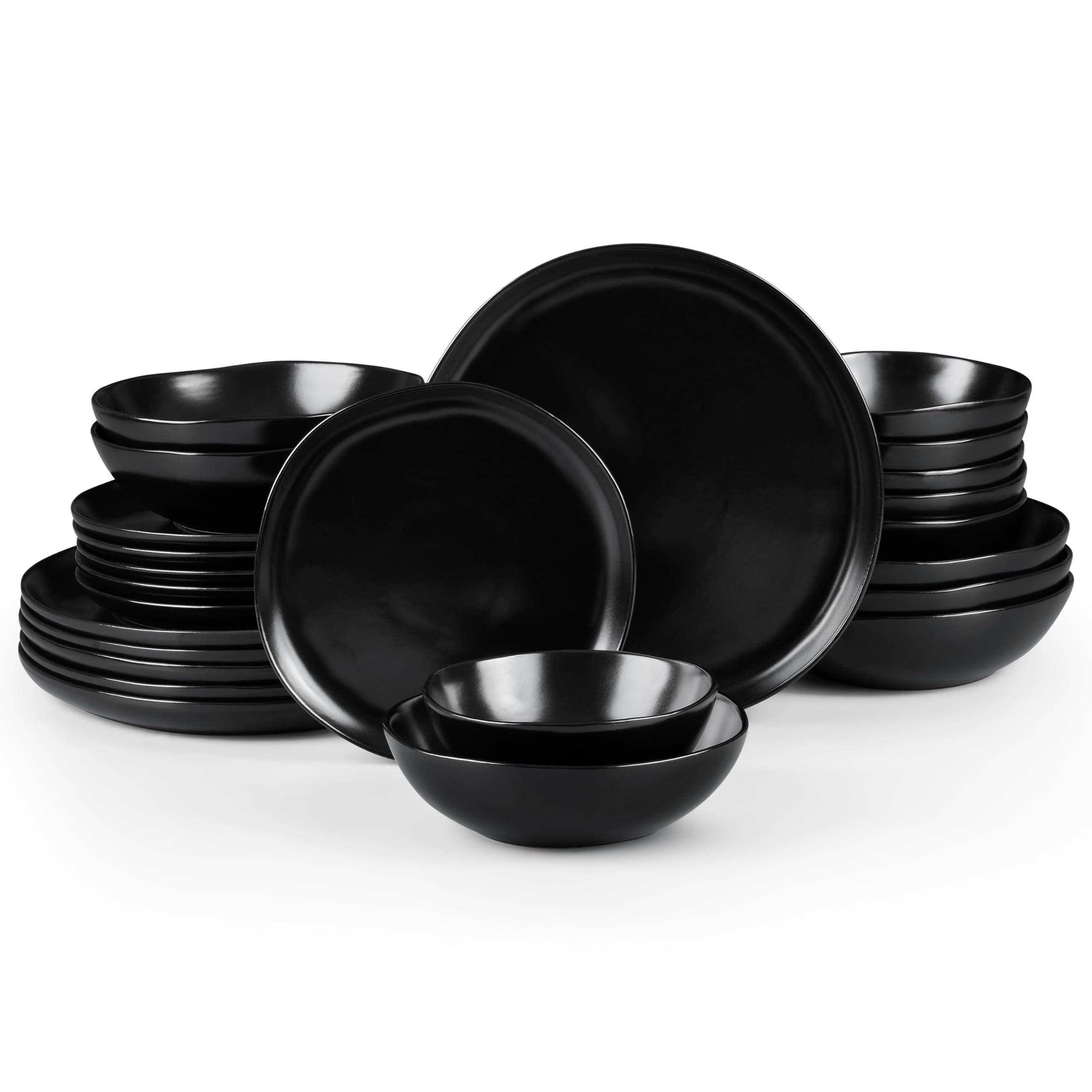 HaWare Plates and Bowls Set, Stoneware Dinnerware Sets, 24-Piece Hand-painted Dishware for 6, Ceramic Dish Set for Home Kitchen, Scratch Resistant, Microwave and Dishwasher Safe, Matte Black