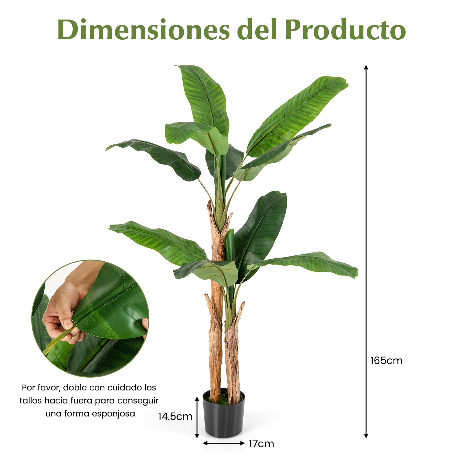 COSTWAY Plátano Artificial, Platanera Artificial con 27 Hojas Grandes y Macetero, Platanera Decorativa para Oficina Terraza Jardín Salón Hogar, Planta Artificial, Verde (165 cm)