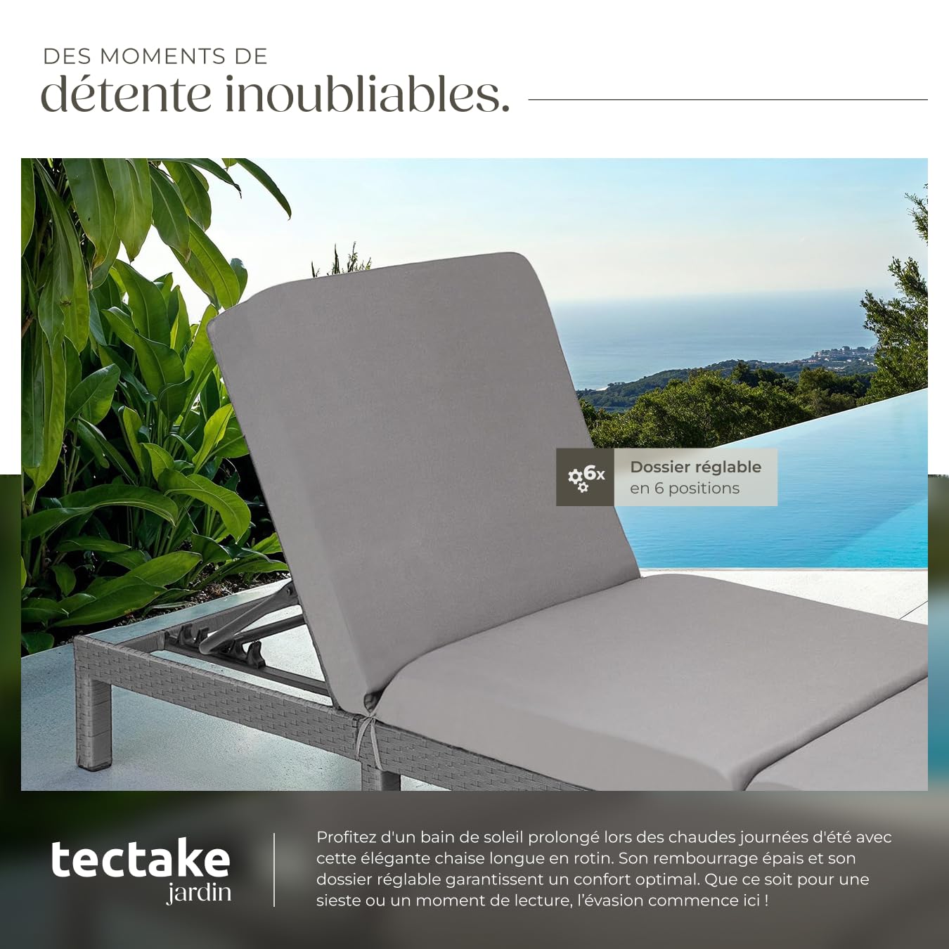 tectake® Chaise Longue Bain de Soleil en Résine Tréssée Acier Résistant Dossier Inclinable sur 6 Positions Transat Salon de Jardin Exterieur Mobilier de Jardin Chaise Longue Piscine Plage