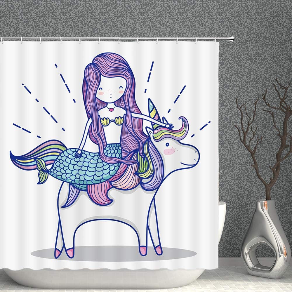 AMNYSF Mermaid Unicorn Shower Curtain Cute Fairy Girl Purple Mermaid Ridding Unicorns Funny Cartoon Decor White Kids Fabric Bathroom Curtains, Polyester with Hooks 70x70 Inch