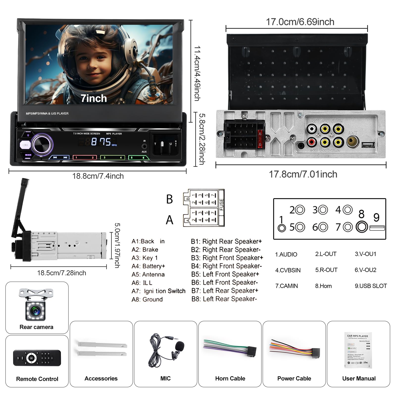 CAMECHO Autoradio 1 DIN con Carplay Inalámbrico, 7 Pulgadas Bluetooth Radio Manual Pantalla Extensible con Android Auto Mirror Link FM/Am RDS Control del Volante USB/AUX +Cámara Trasera