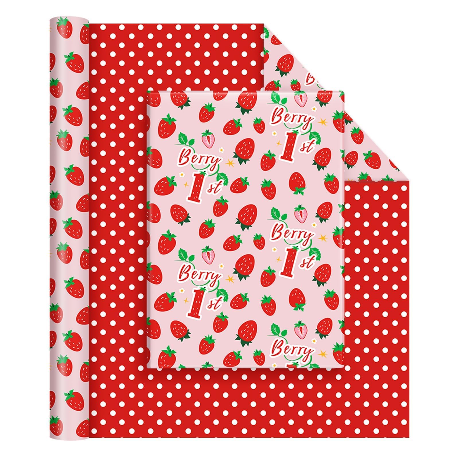 WERNNSAI Berry First Birthday Wrap Paper Pink Strawberry Gift Wrap Paper — image 1