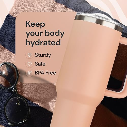 Miniatura 4 de Vaso de 40 onzas con tapa y popote de acero inoxidable, con aislamiento al vacío de doble pared con asa, a prueba de sudor, de fácil agarre, sin