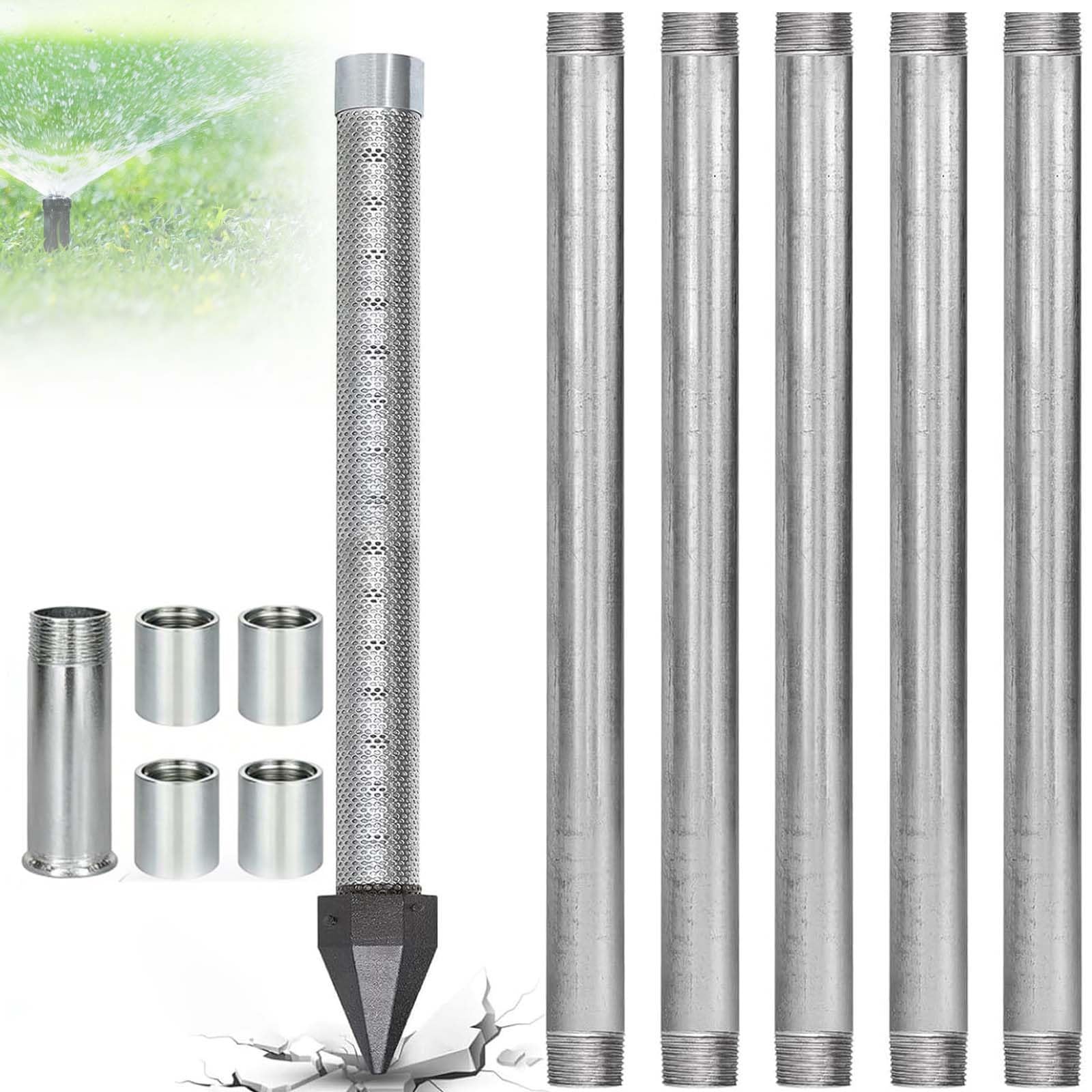 Well Drive Point Kit, 1-1/4 Inch Stainless Steel Sand Point, 36" Heavy Duty Shallow Well Drilling System for Reliable Water Access, Galvanized Pipes and Couplings(5+1kit)