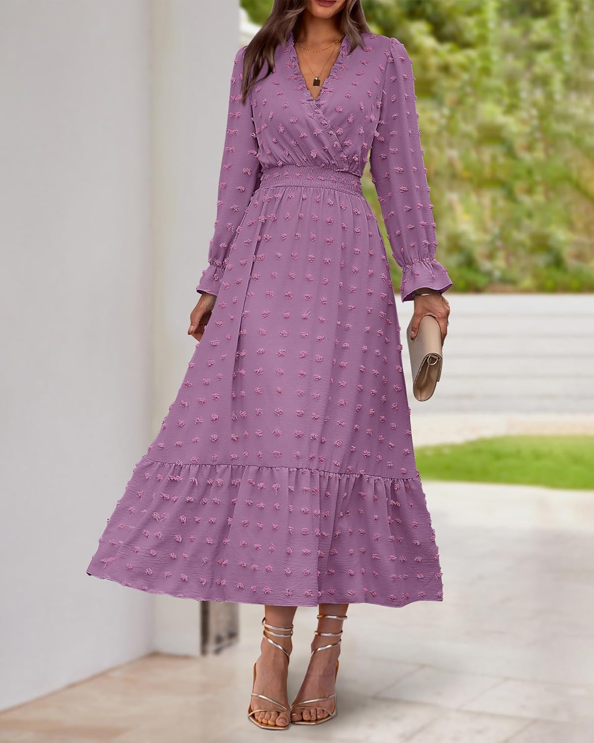 BTFBM Women Spring Maxi Dresses 2026 Long Sleeve V Neck Swiss Dots High Waisted A-Line Ruffle Boho Long Dress Vacation - Image 2