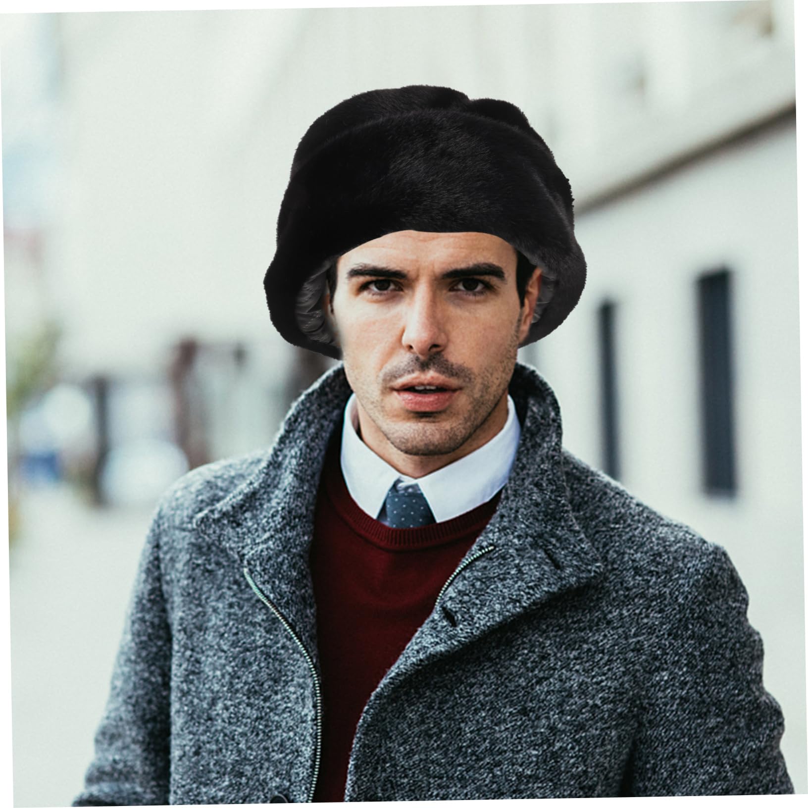 TOGEVAL Faux Fur Hat Men Mens Russian Style Warm Hat for Men Outdoor Casual Cap Black