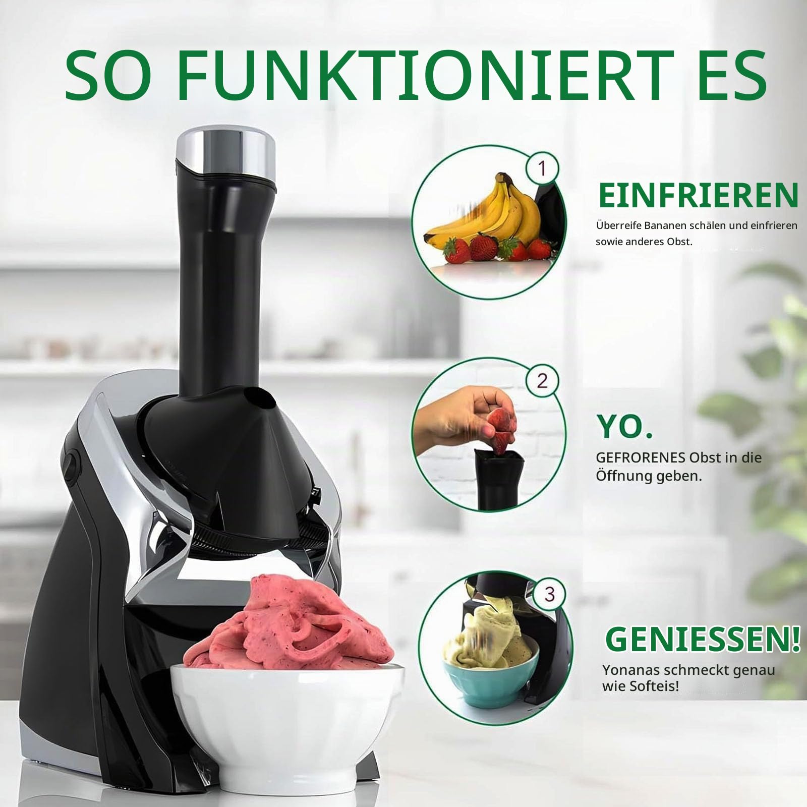 Frucht-Softeismaschine, Haushalts Eismaker für gesundes Sorbet und gefrorenen Joghurt, selbstgemachte Fruchteis Desserts