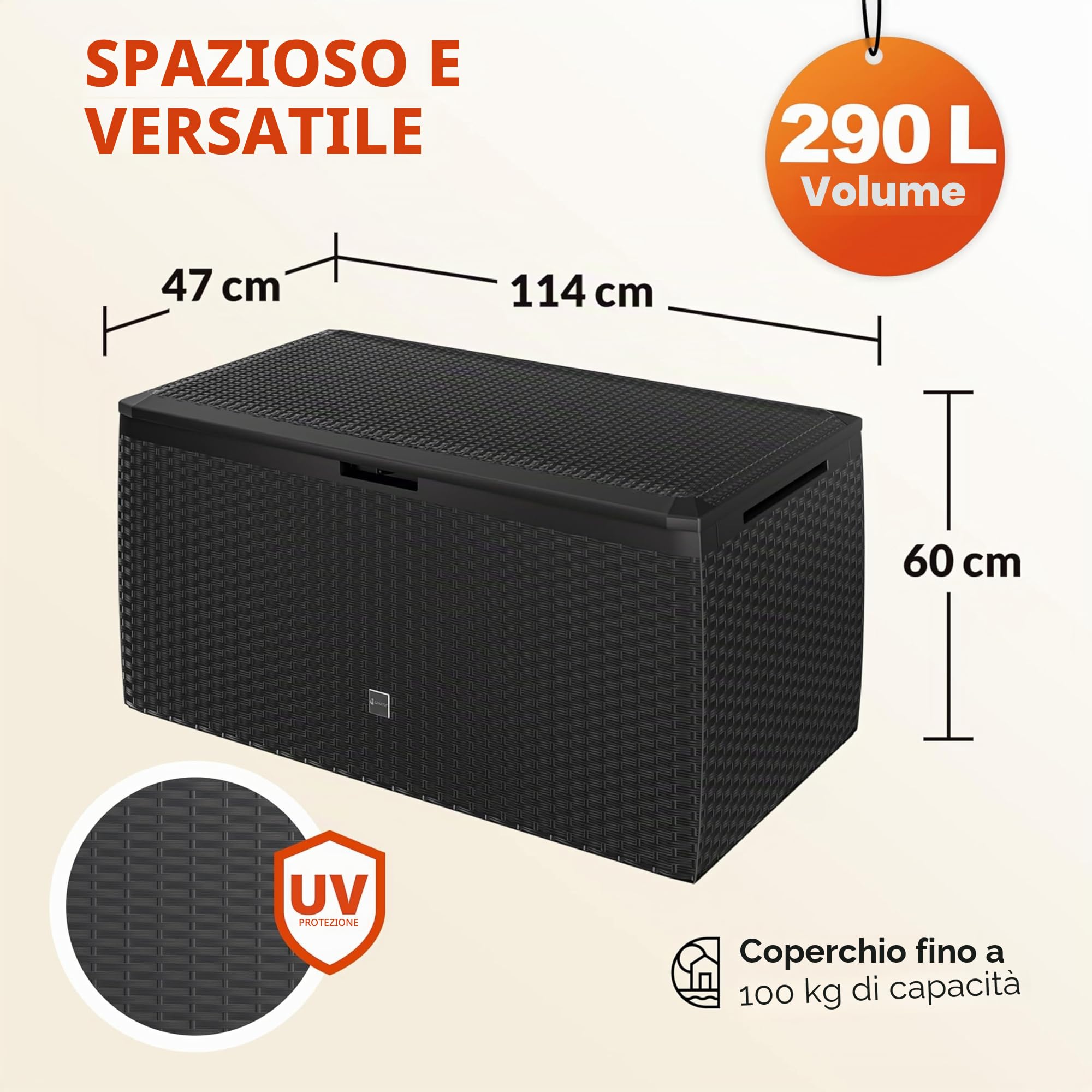 Casaria® Baule da Giardino 117x47x60cm Aspetto Polyrattan 290L Box Multiuso Multibox Cuscini 6 Ruote Coperchio Esterno