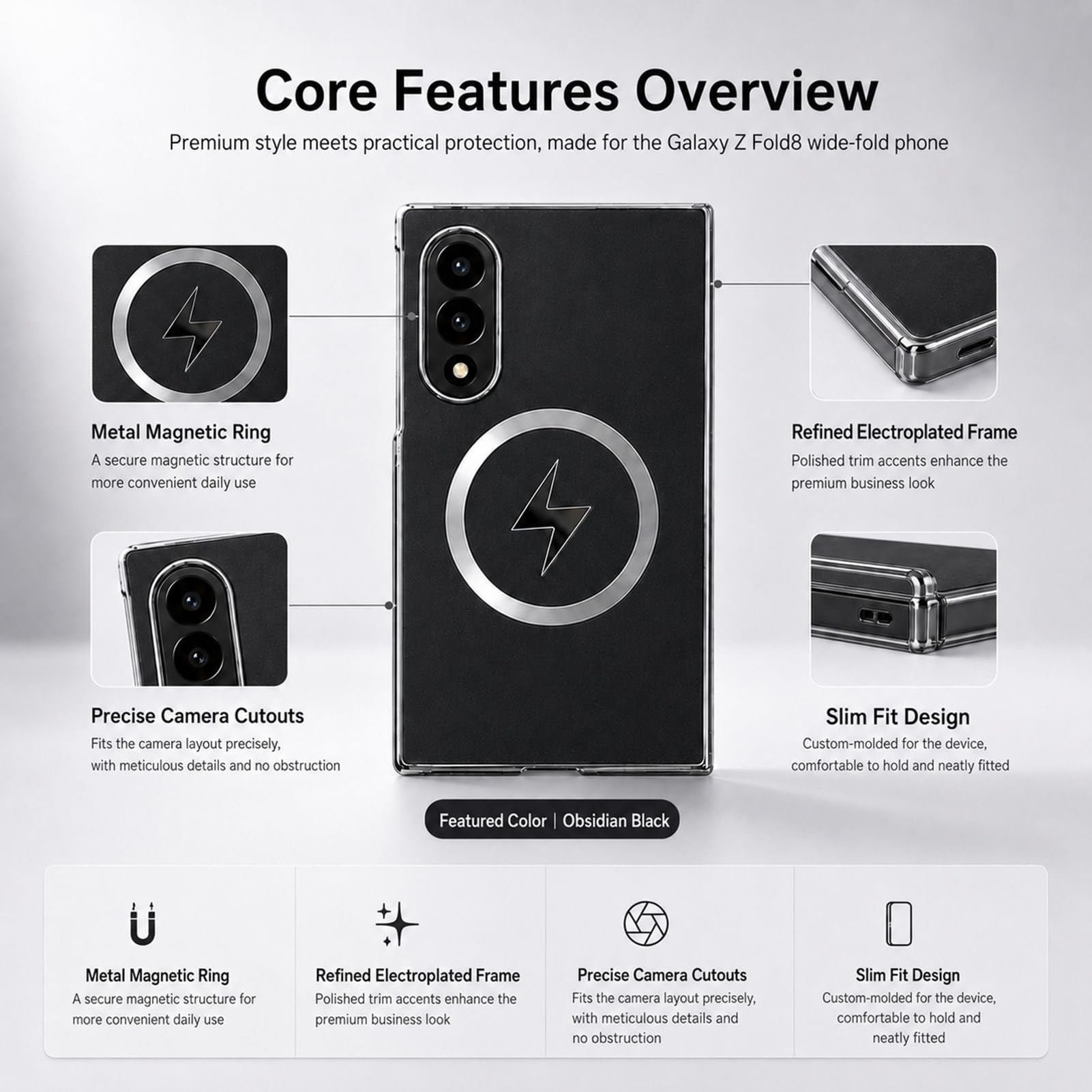 Magnetica Custodia per Samsung Galaxy Z Fold 8, Sottile e Leggera,Nero,Fold 8