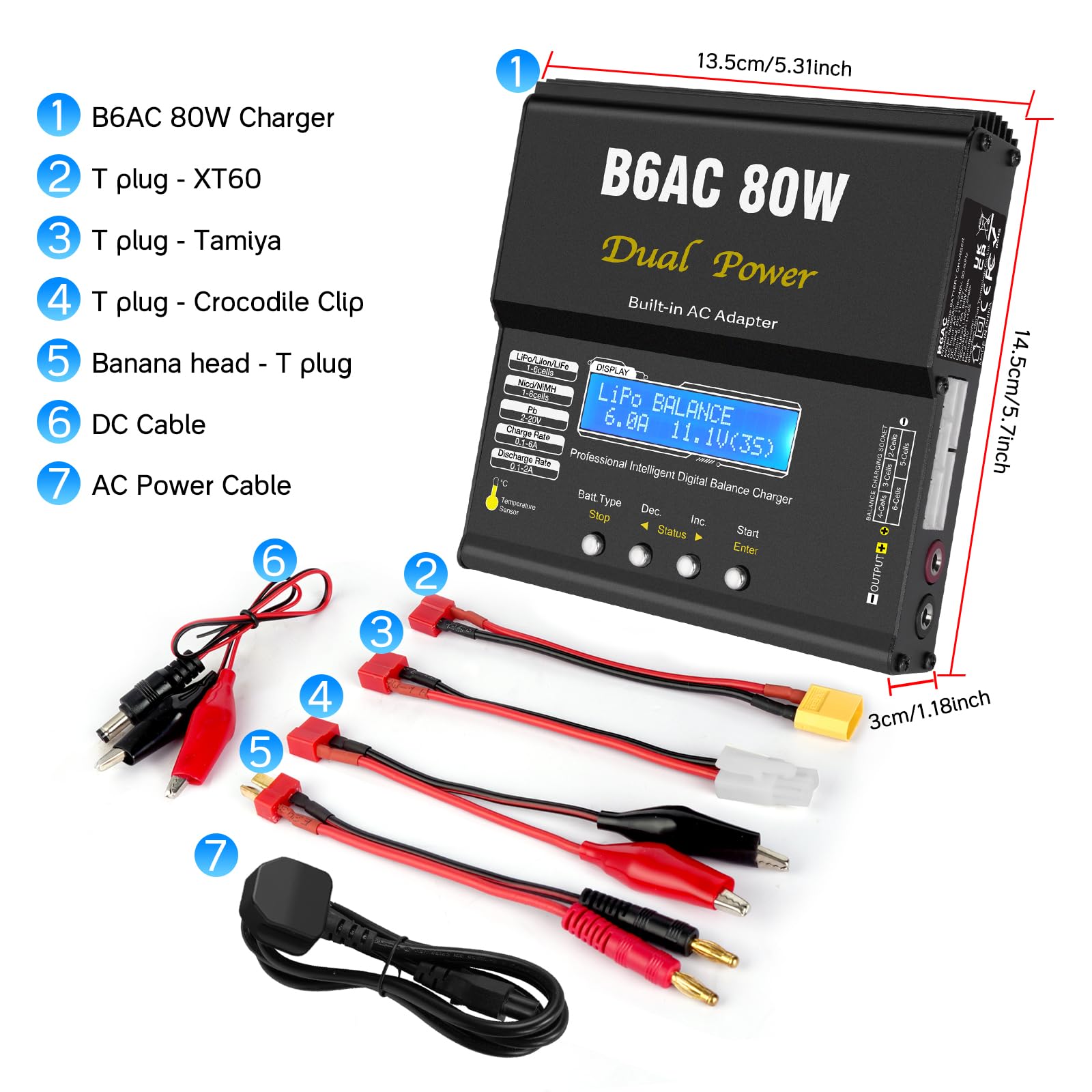 HTRC B6AC LiPo Charger Balancer 80 W 6 A RC, ładowarka LiPo do LiPo/Li-Ion/Life (1-6S), NiMH/NiCd (1-15S) i PB Smart, ładowarka RC z wyświetlaczem LED i XT60/Deans/JST