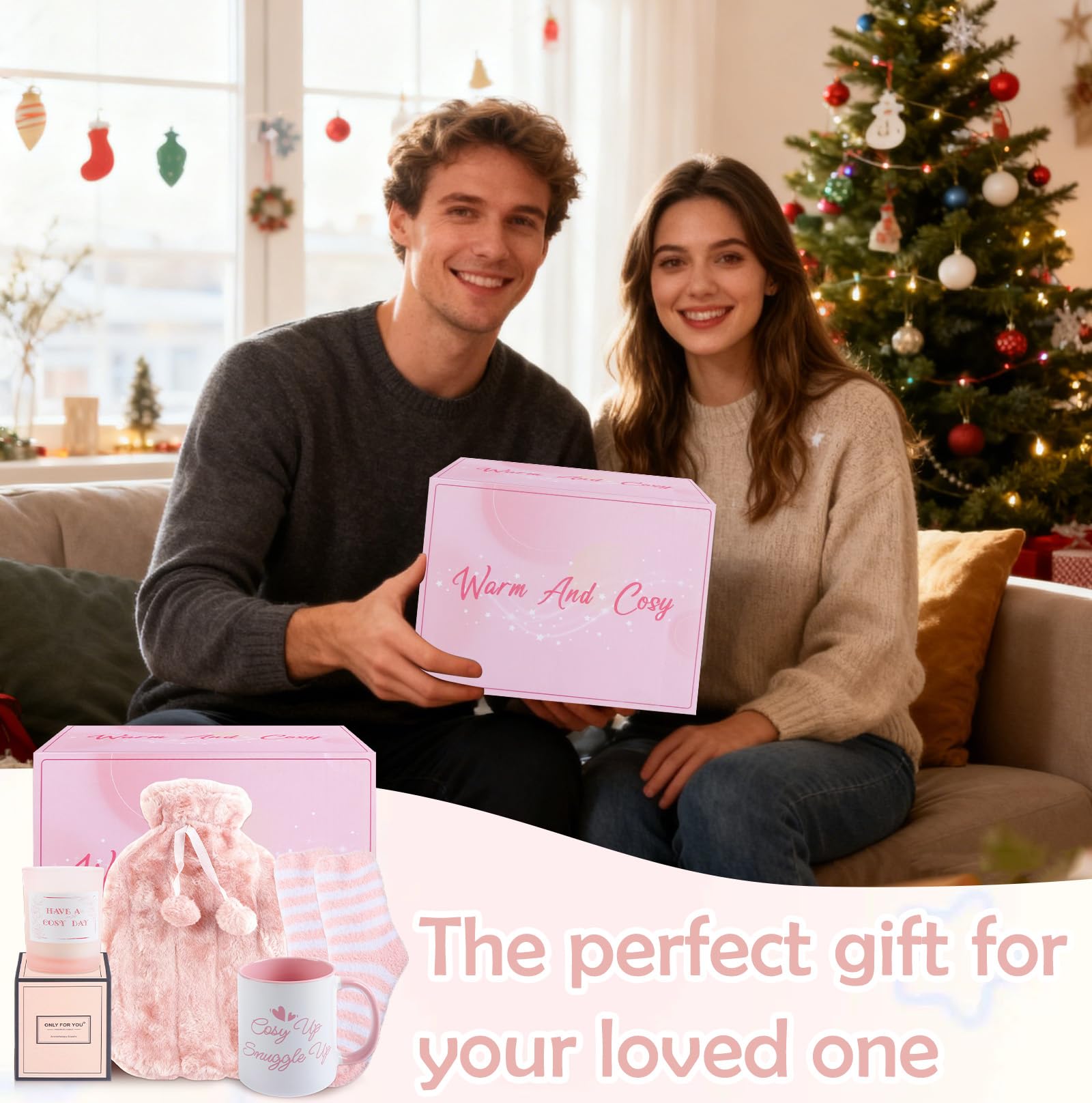 Wärmflasche, Geschenke für Frauen enthalten Flauschige Wärmflasche, Duftkerze, Dicke Socken und Personalisierte Tasse, Wärmflaschenbezug Gemütliches Gegenwart für Frauen Männer Erwachsene(Rosa)