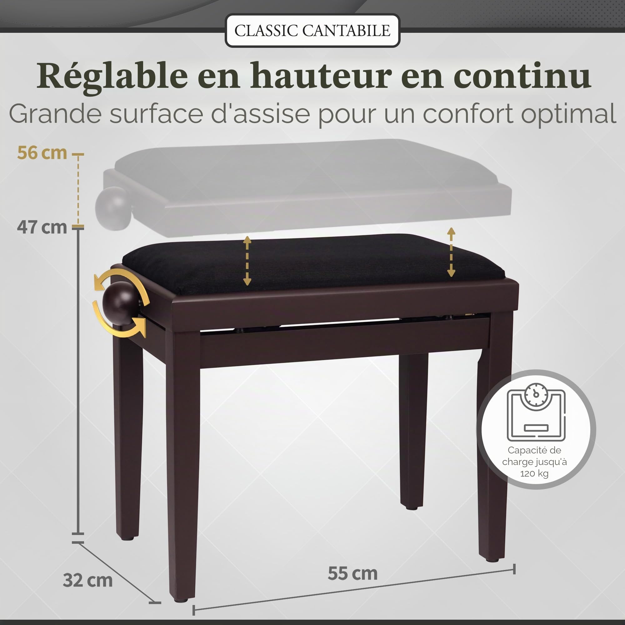Classic Cantabile Banquette pour Piano (Bois de Rose, dépoli)