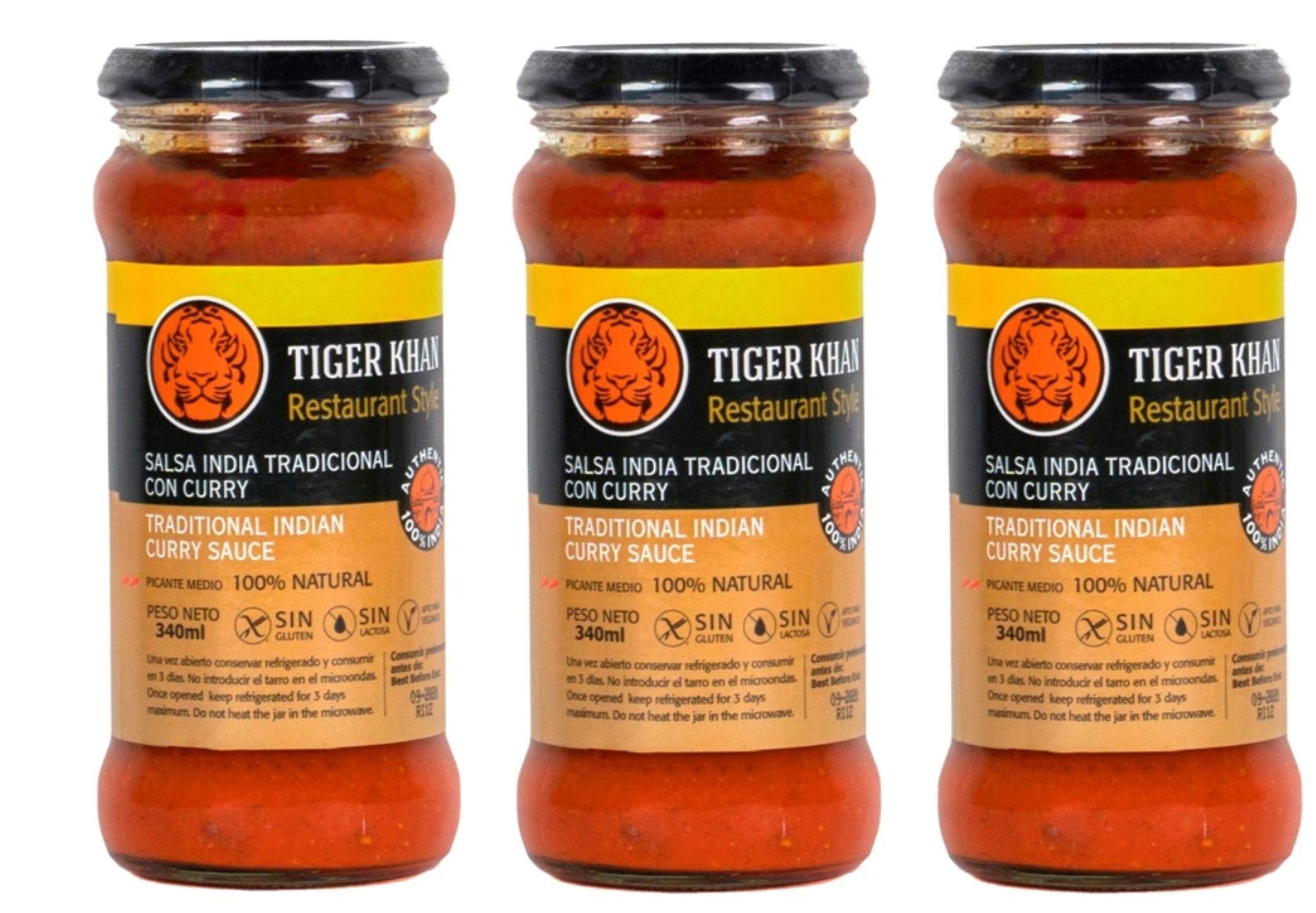 TIGER KHAN Salsa india tradicional con curry (Curry sauce) 340ml 12 unidades