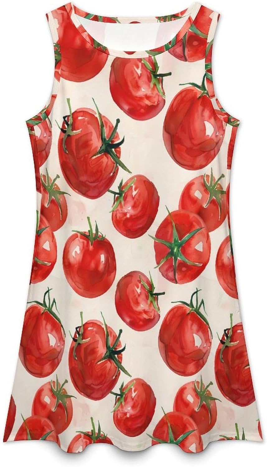 Tomato Watercolor Novelty Women's Sleeveless Dress Crew-Neck Sundress Summer Swing Dresses