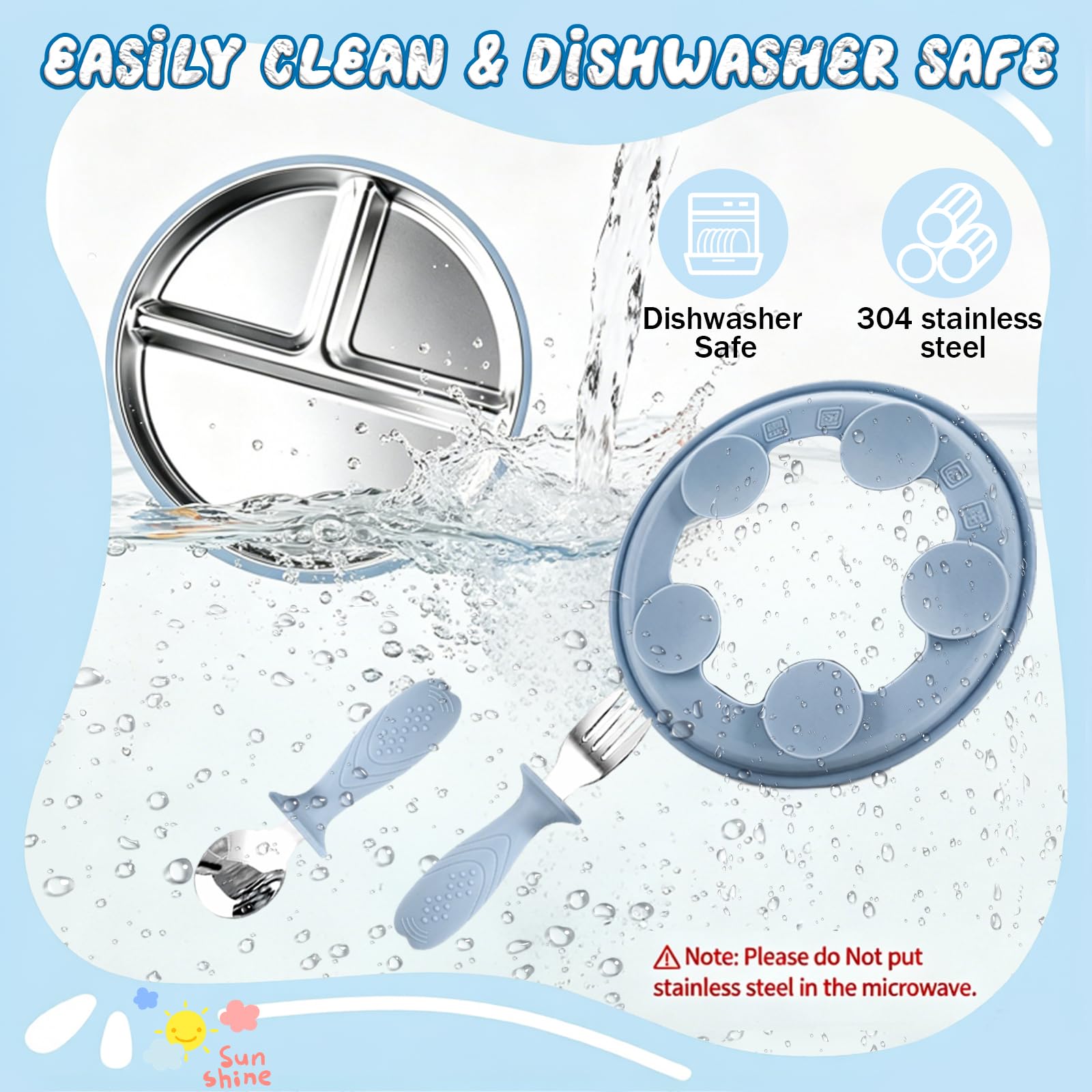 Coffret Repas Bébé – Assiette en Acier Inoxydable avec Ventouse en Silicone + Fourchette et Cuillère – Vaisselle Antidérapante pour Enfant – Sans BPA, Favorise l’Autonomie Alimentaire