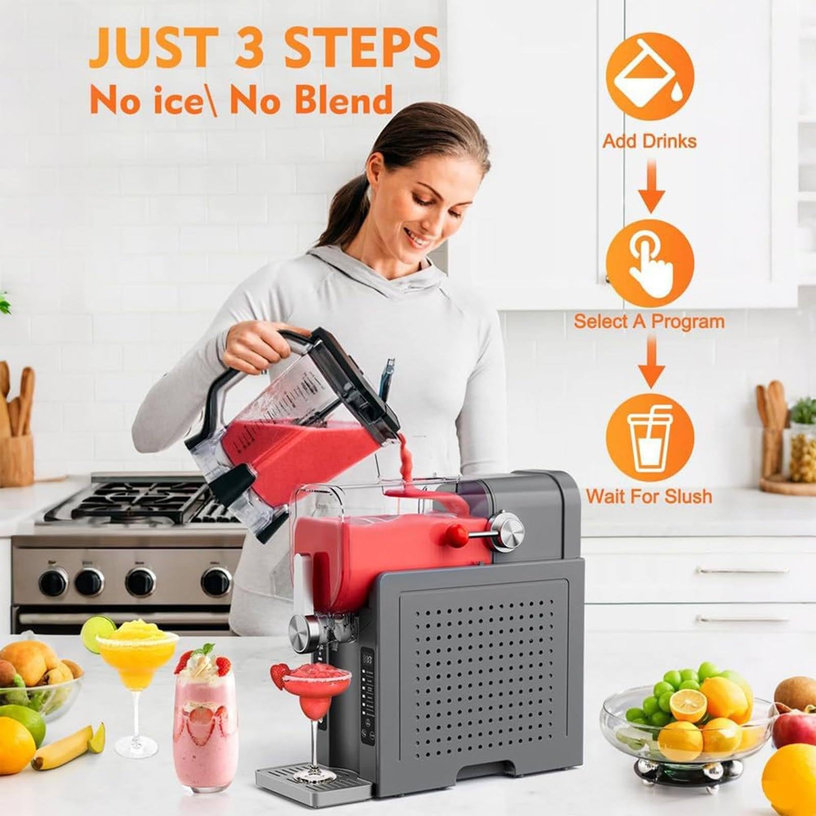 Maszyna do slushie o mocy 200 W, maszyna do slushie do użytku domowego, bez lodu, z wyświetlaczem LED, 1,6 l, rezerwacja jednym dotknięciem i 6 przystawek, 42,5 x 19,5 x 42 cm