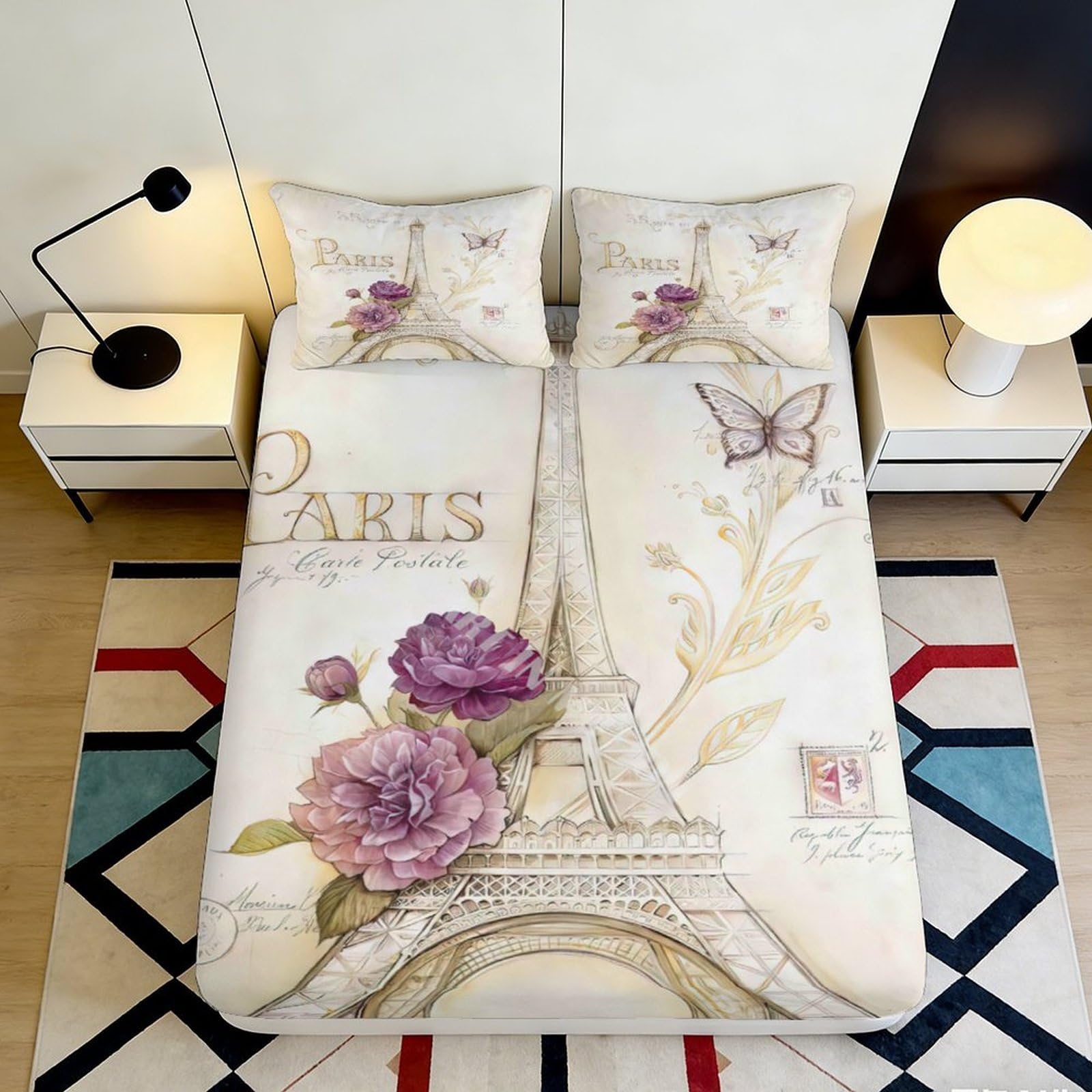 3D Printed Eiffel Tower Floral Fitted Sheet Microfiber Soft Paris Butterfly Mattress Cover for Bedroom Dorm Home Decor 90x200x25cm