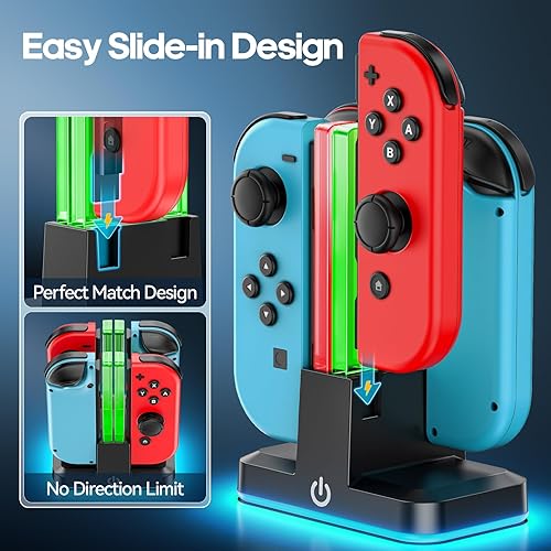 Miniatura 4 de Cargador controlador de interruptor para 4 Joycons con 9 modos de luz RGB, soporte de cargador Joy con indicadores LED, estación de carga de