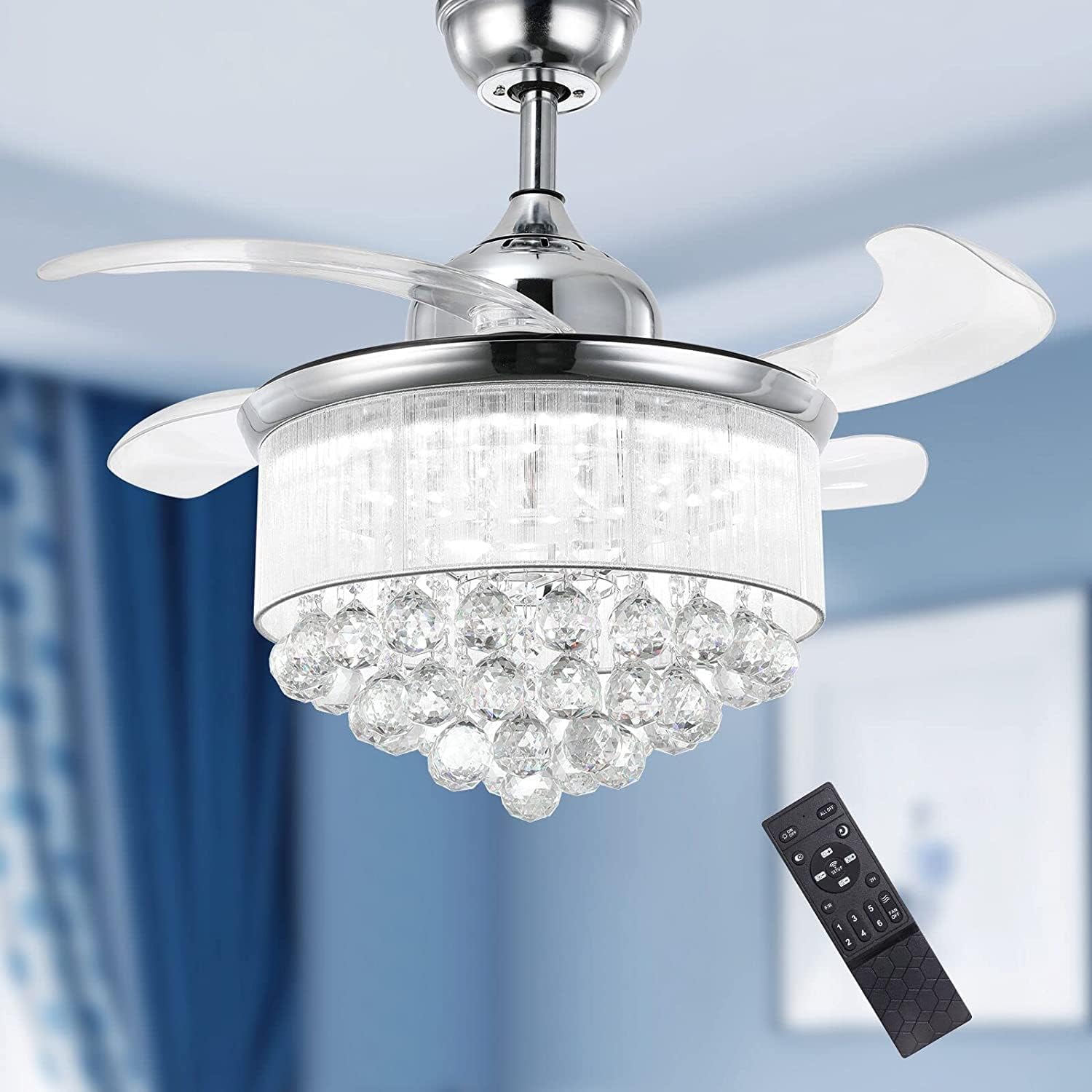 NOXARTE 36 Inch Crystal Ceiling Fan Modern Chandelier Ceiling Fan with Light Remote Control LED Dimmable for Living Dining Room Bedroom