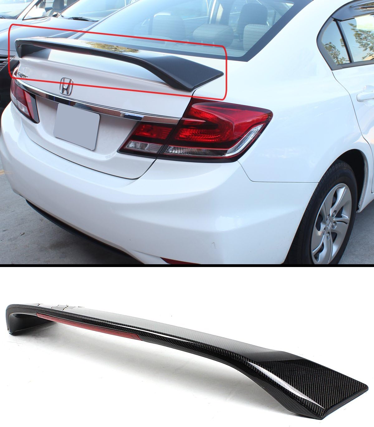 Si Style Carbon Fiber LED Trunk Spoiler Wing Compatible with 2013-2015 9TH Gen Honda Civic Sedan