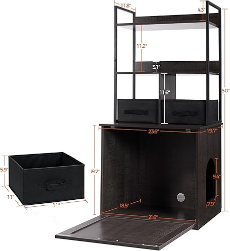 Miniatura 5 de DWANTON Caja de arena con 2 estantes de almacenamiento y 2 cajones, caja de arena oculta 2 en 1 para gatos con estante, entrada reversible, cajones