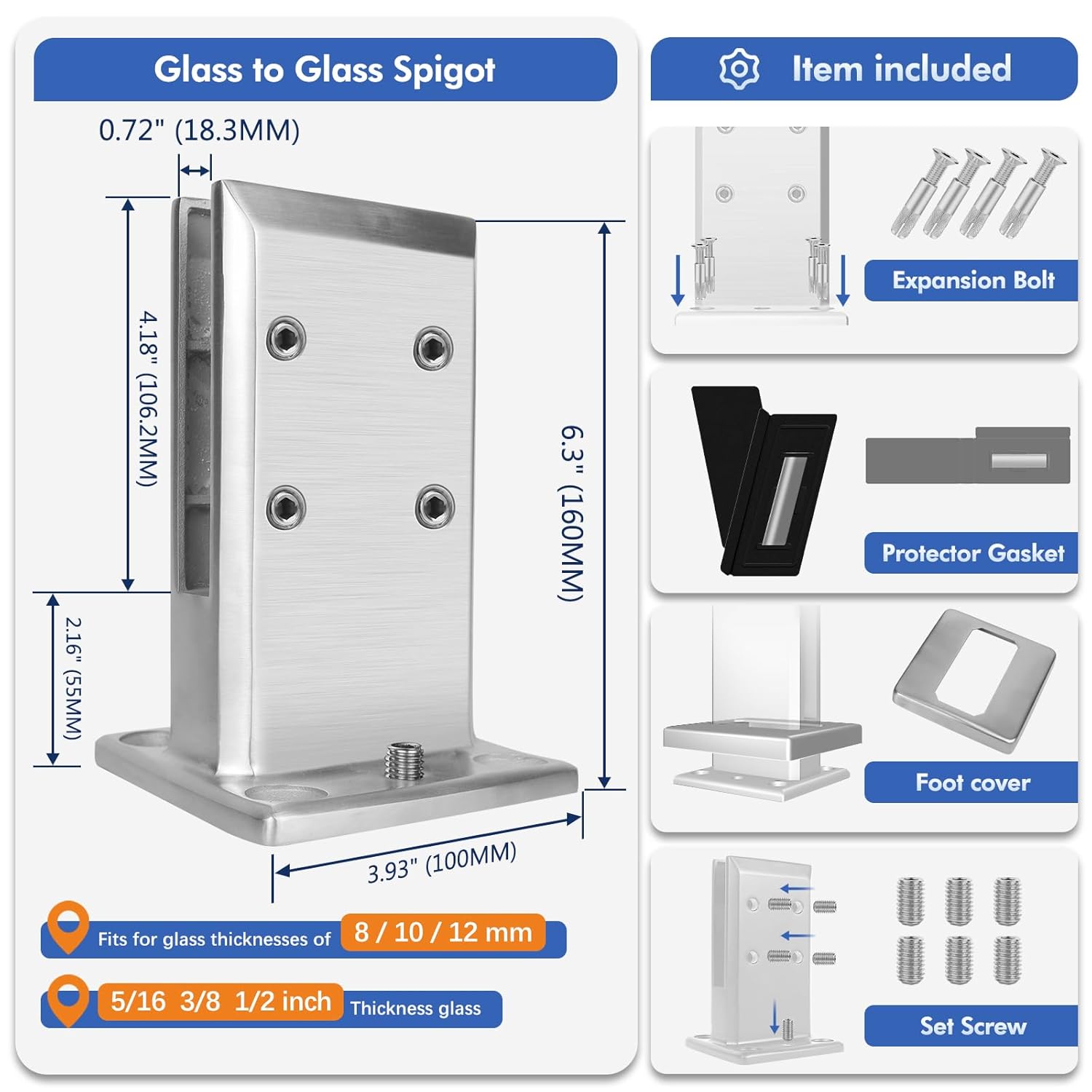 LukLoy 304 Stainless Steel 1.4KG Heavy Duty Glass to Glass Spigot Clamp, 180 Degree