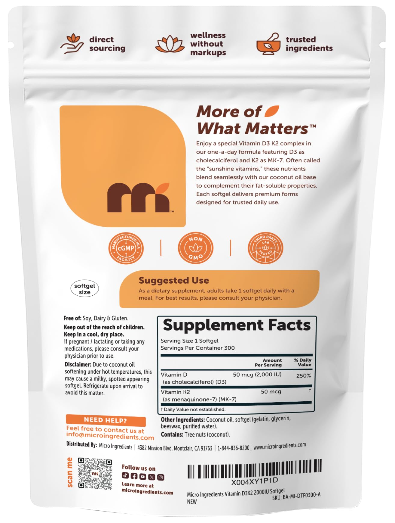 Micro Ingredients Vitamin D3 2,000 IU + K2 MK-7 50 mcg, 300 Softgels | Made with Coconut Oil | 2-in-1 Formula | Easy to Swallow, Non-GMO — Amazon image 7