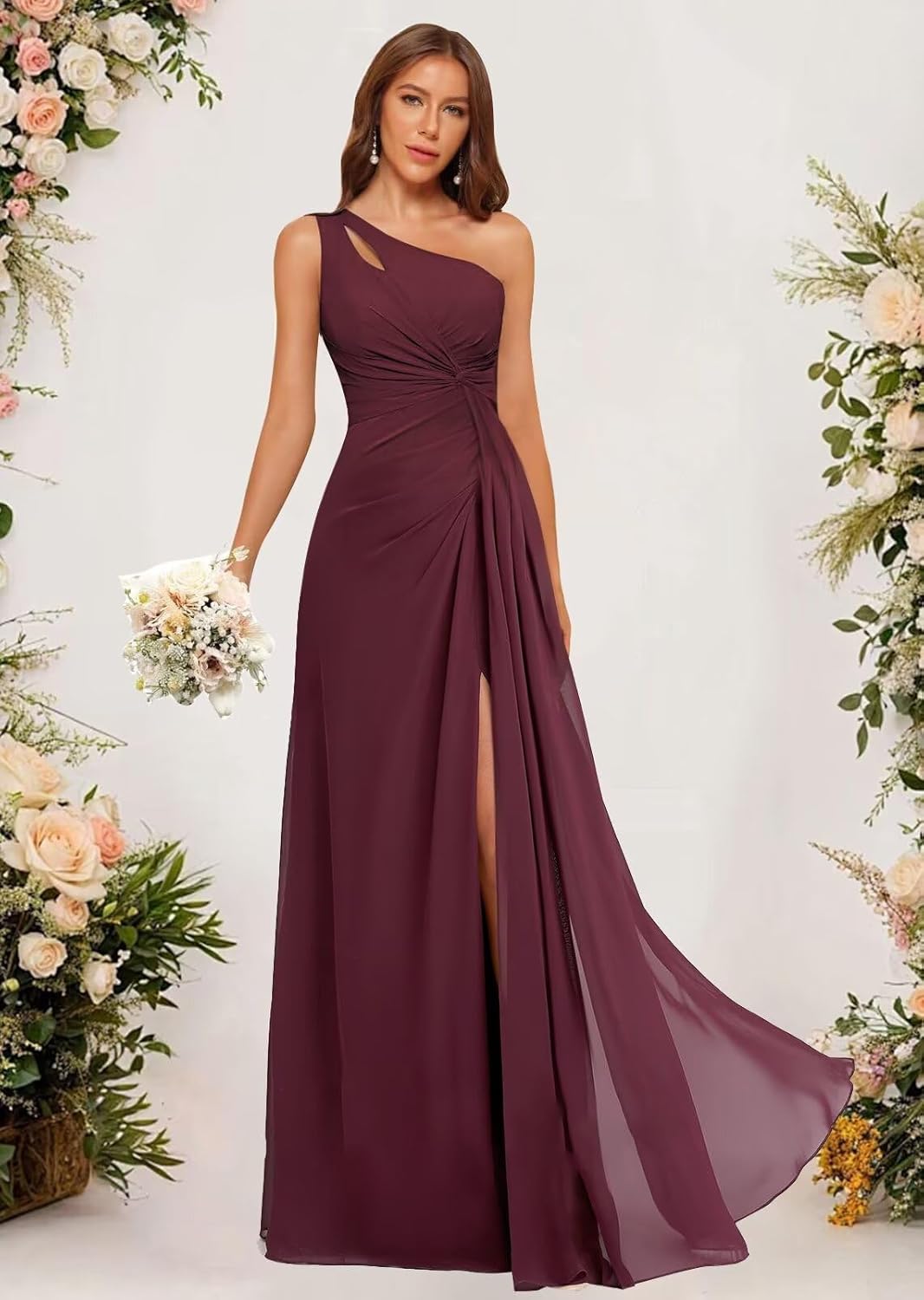 homdor One Shoulder Pleated Bridesmaid Dresses Long with Slit Chiffon A Line Formal Evening Dress for Women - Image 3