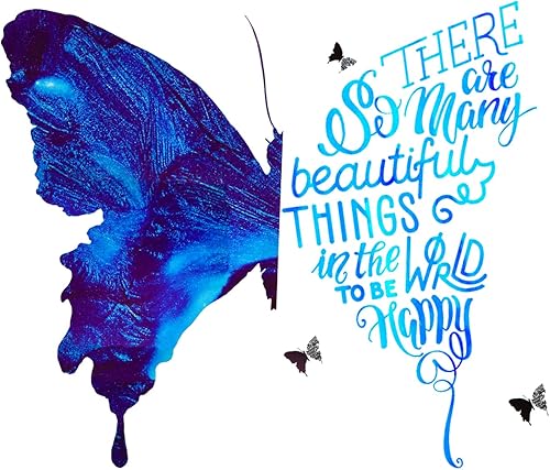 Maydahui Adhesivo decorativo para pared con diseño de mariposa azul con texto en inglés To Be Happy, con frases inspiradoras (24 x 30 pulgadas),