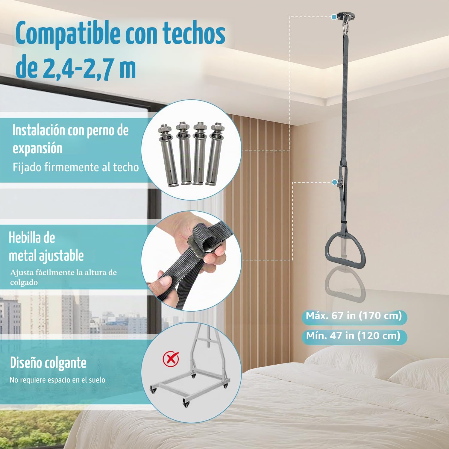 Trapecio de Cama para Ancianos Cama Auxiliar de tracción Cama de Hospital Trapecio para Cama Transferencia de Movilidad Barra montada en el Techo Soporte de Trapecio Escalera Cama