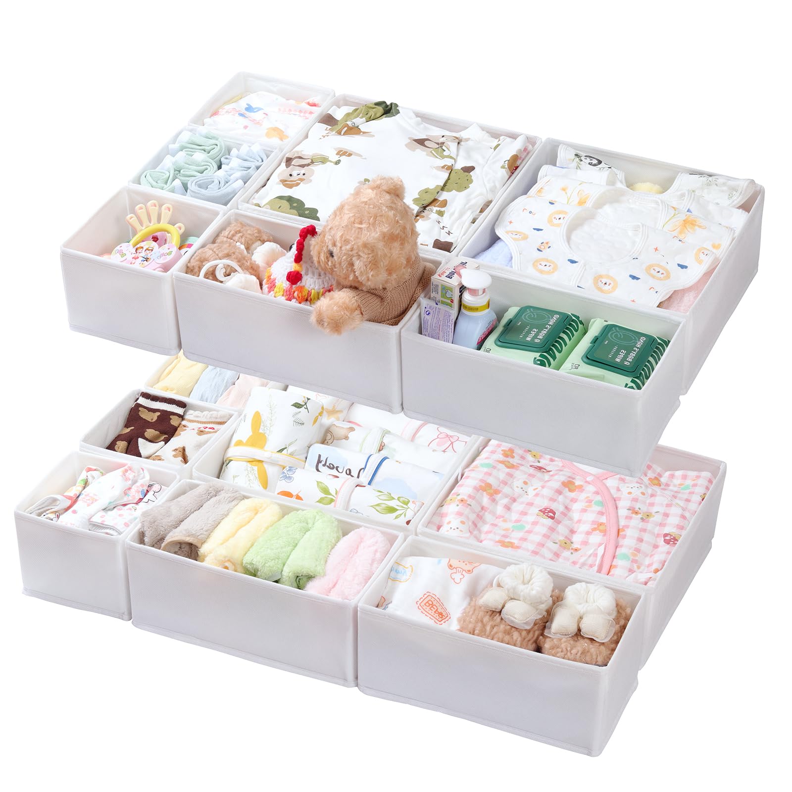 Organizador Cajón 14 piezas - Compatible con Cajonera Malm, Cajas de Almacenamiento Plegables de Tela, Separadores para Prenda, Ropa Interior, Calcetines y Bebé - Blanco