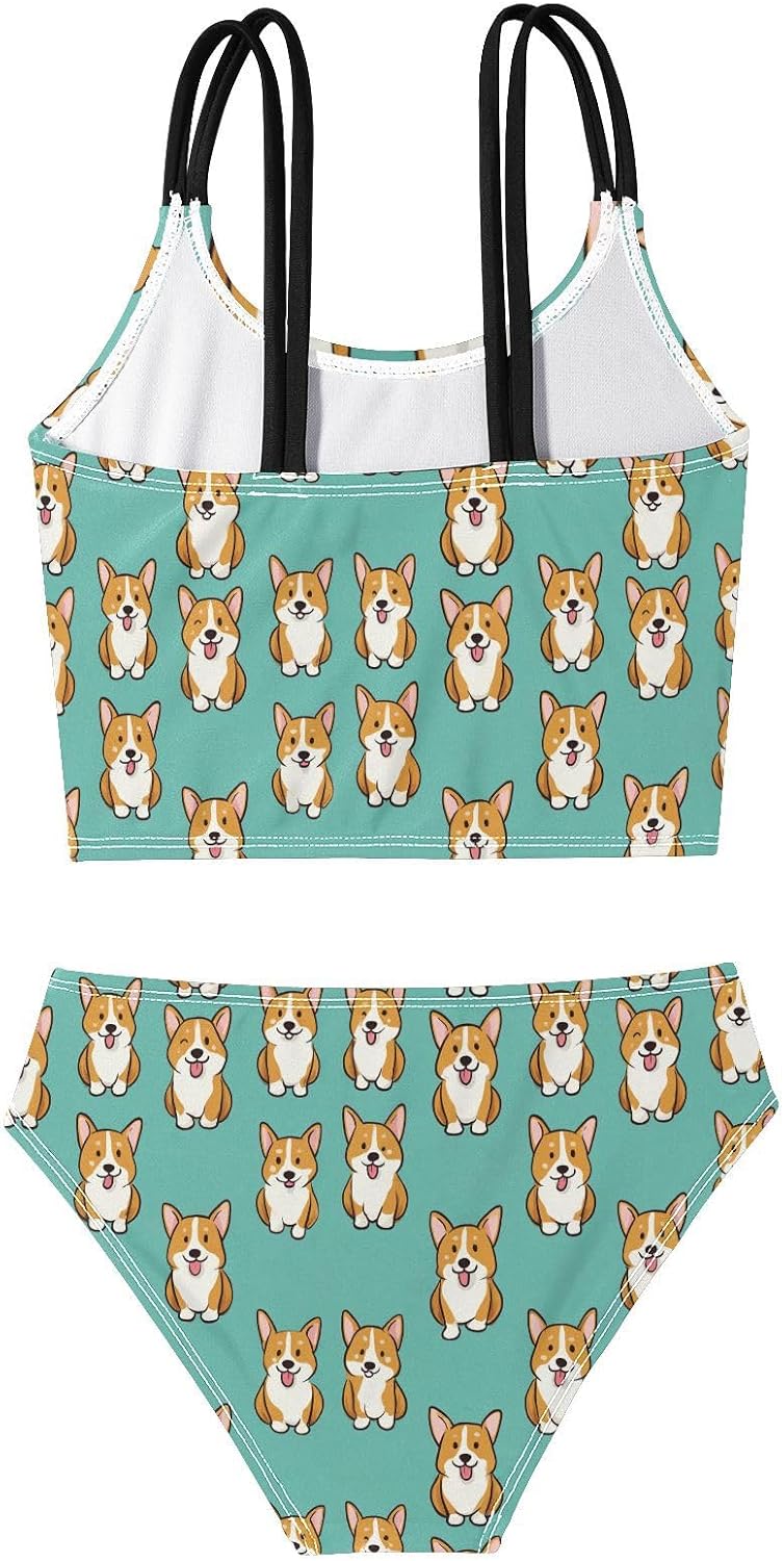 Girls Two Piece Swimsuits Corgi Pattern Cartoon Bikini Set Swimwear Kids Bathing Suit for Girls 5-12 Years