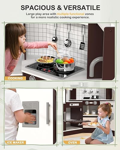 Miniatura 5 de Babytronic Juego de cocina de madera de esquina para niños con luces y sonidos, juego de cocina con estufa, microondas, máquina de hielo y