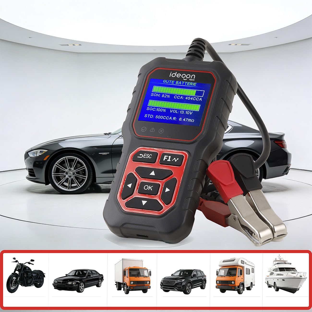 ideoon Digitaler 5-36V Batterietester mit 2.4 Zoll LCD Farbdisplay, Autobatterie Prüfgerät für Nass AGM Gel EFB Lithium, 12V 24V Starttest
