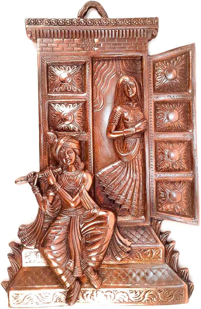 Radha Krishna Idol Wall Hanging Art, Radhe Krishna Flute Statue, 18 Inch, Copper Shade Metal Alloy