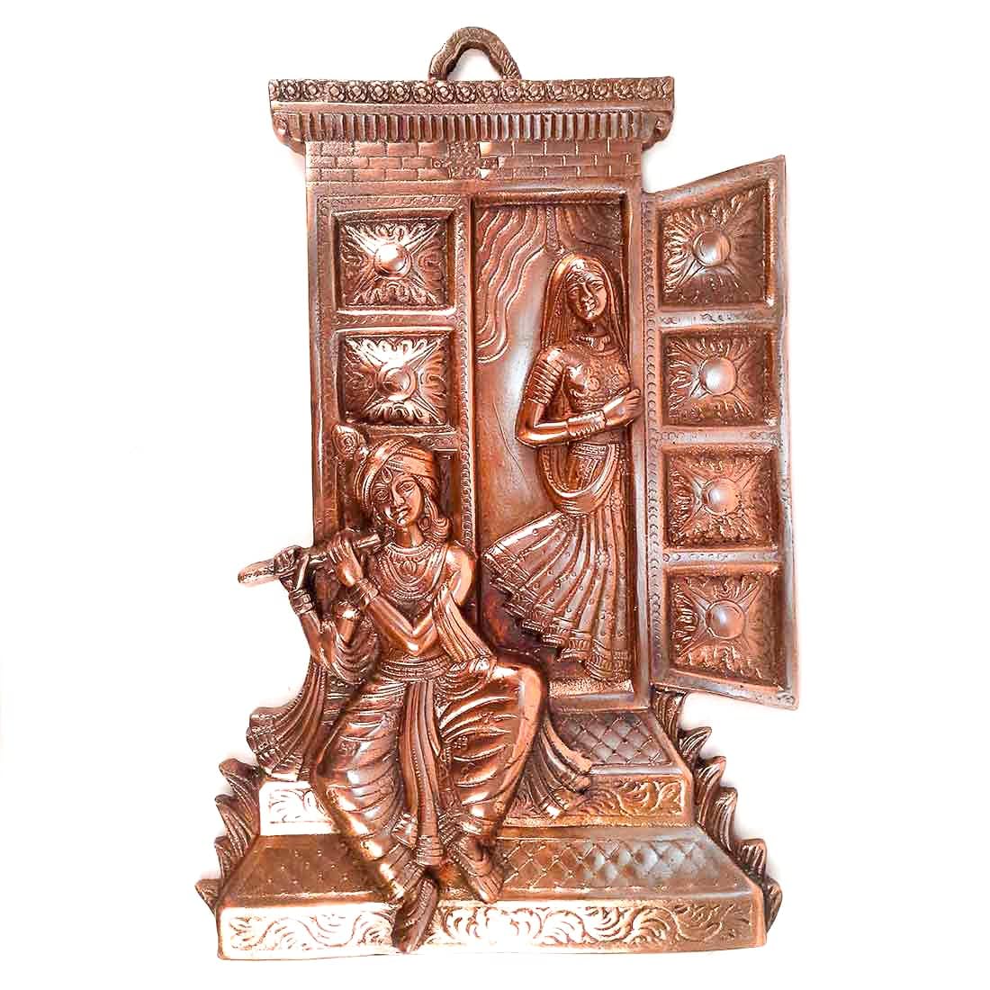 Radha Krishna Idol Wall Hanging Art, Radhe Krishna Flute Statue, 18 Inch, Copper Shade Metal Alloy